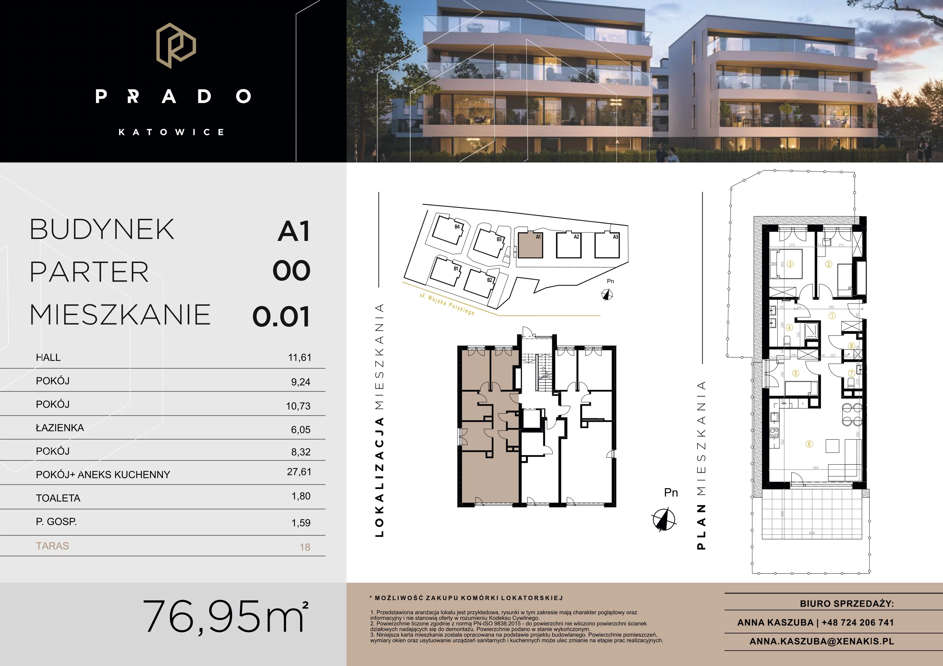 3 pokoje, apartament 76,95 m², parter, oferta nr A1.0.01, Prado Katowice, Katowice, Piotrowice-Ochojec, Piotrowice, ul. Wojska Polskiego