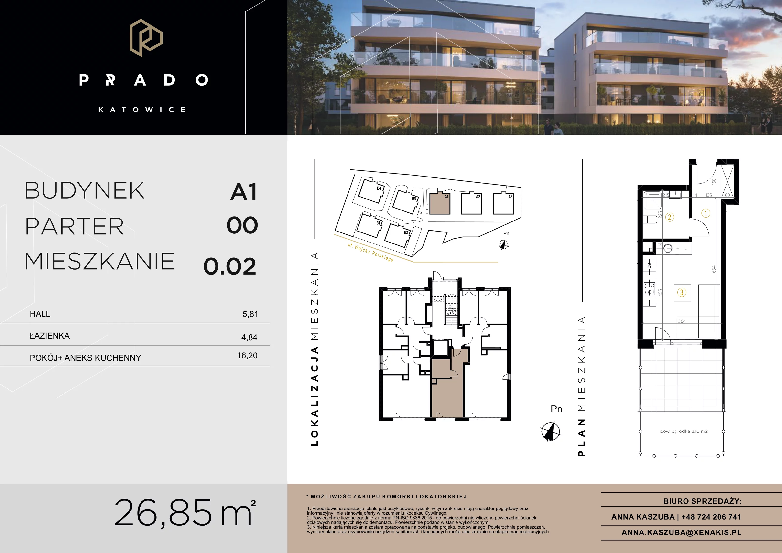 1 pokój, apartament 26,85 m², parter, oferta nr A1.0.02, Prado Katowice, Katowice, Piotrowice-Ochojec, Piotrowice, ul. Wojska Polskiego