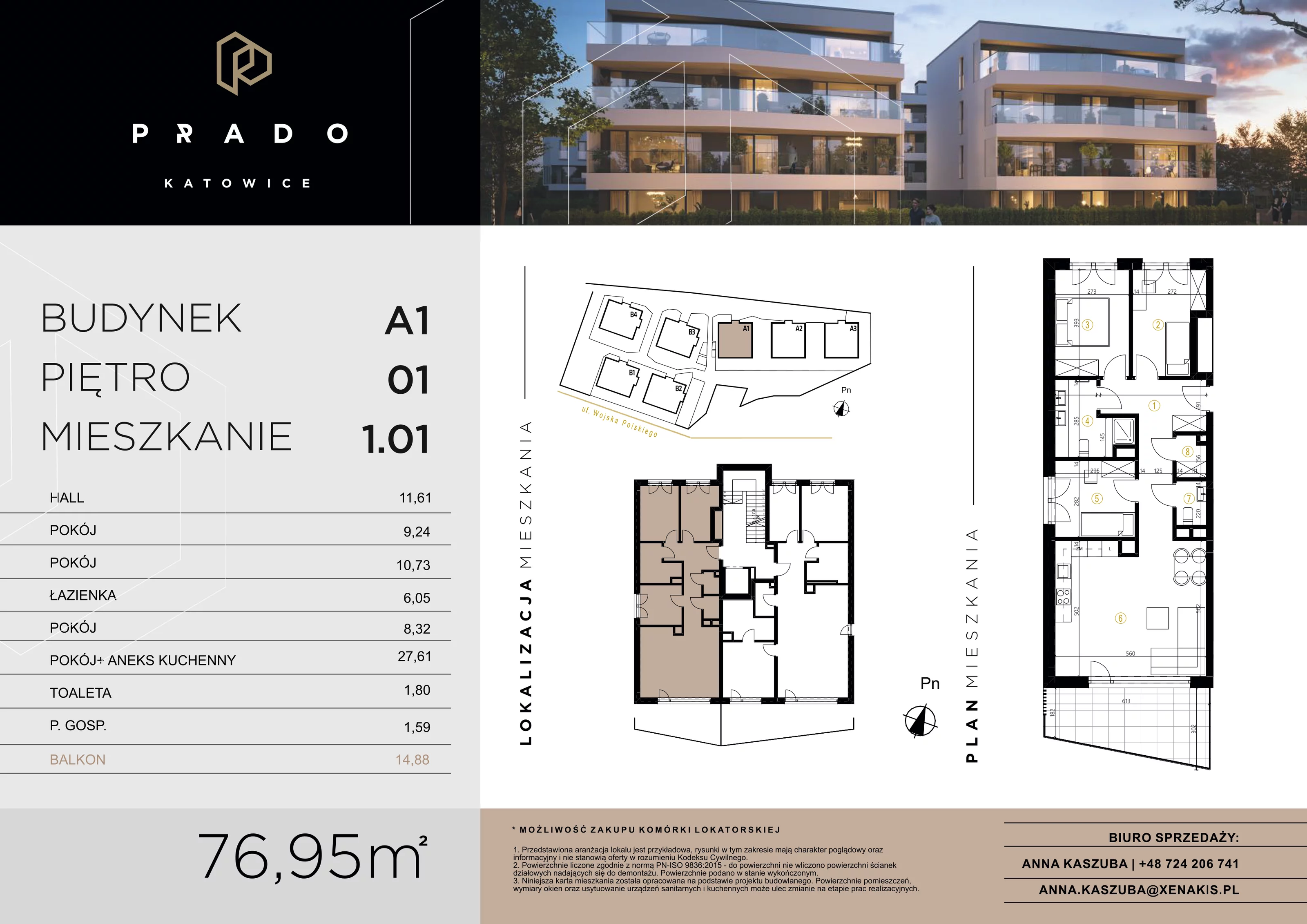 3 pokoje, apartament 76,95 m², piętro 1, oferta nr A1.1.01, Prado Katowice, Katowice, Piotrowice-Ochojec, Piotrowice, ul. Wojska Polskiego