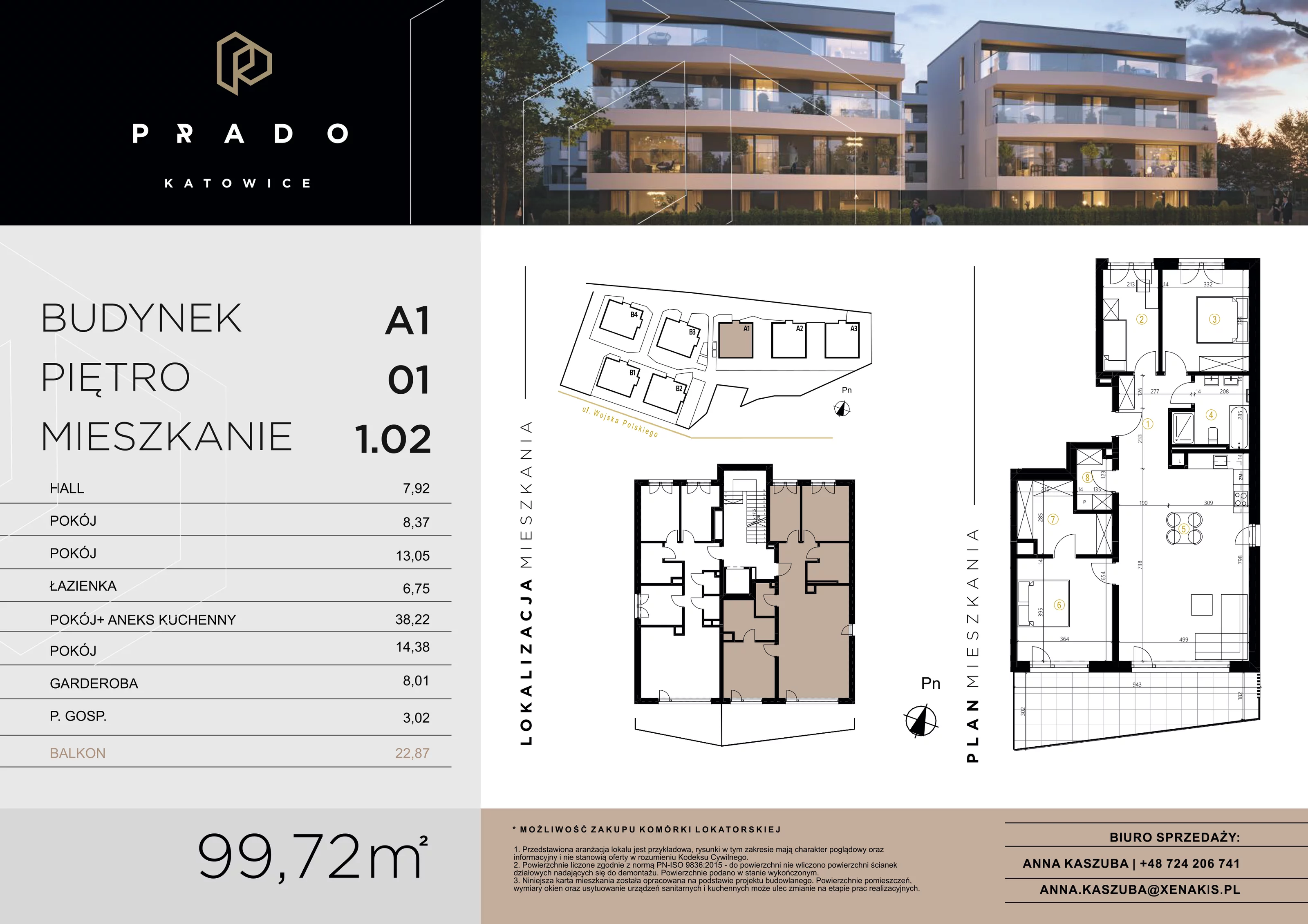 3 pokoje, apartament 99,72 m², piętro 1, oferta nr A1.1.02, Prado Katowice, Katowice, Piotrowice-Ochojec, Piotrowice, ul. Wojska Polskiego