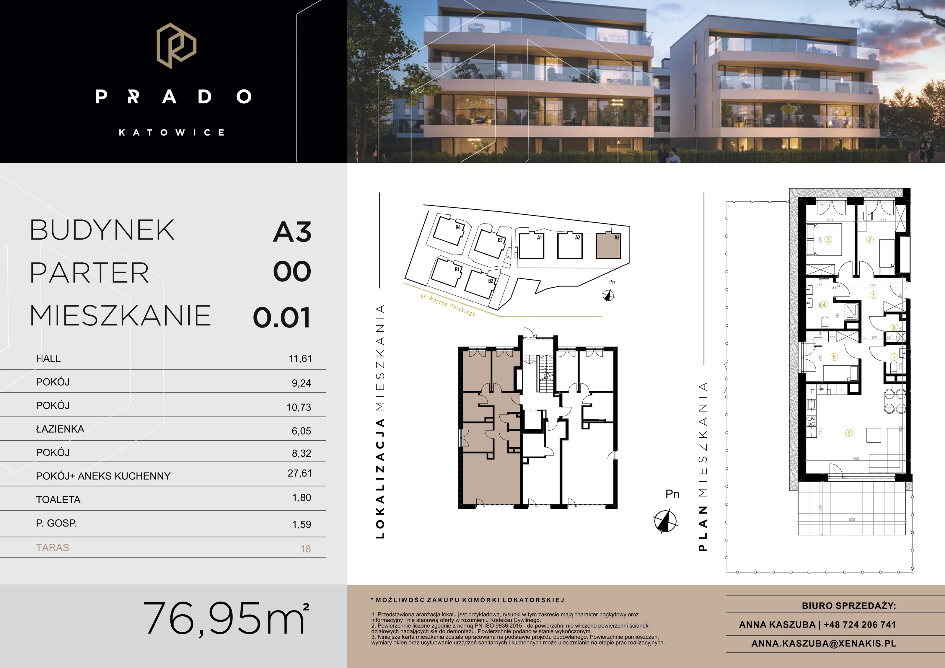3 pokoje, apartament 76,95 m², parter, oferta nr A3.0.01, Prado Katowice, Katowice, Piotrowice-Ochojec, Piotrowice, ul. Wojska Polskiego