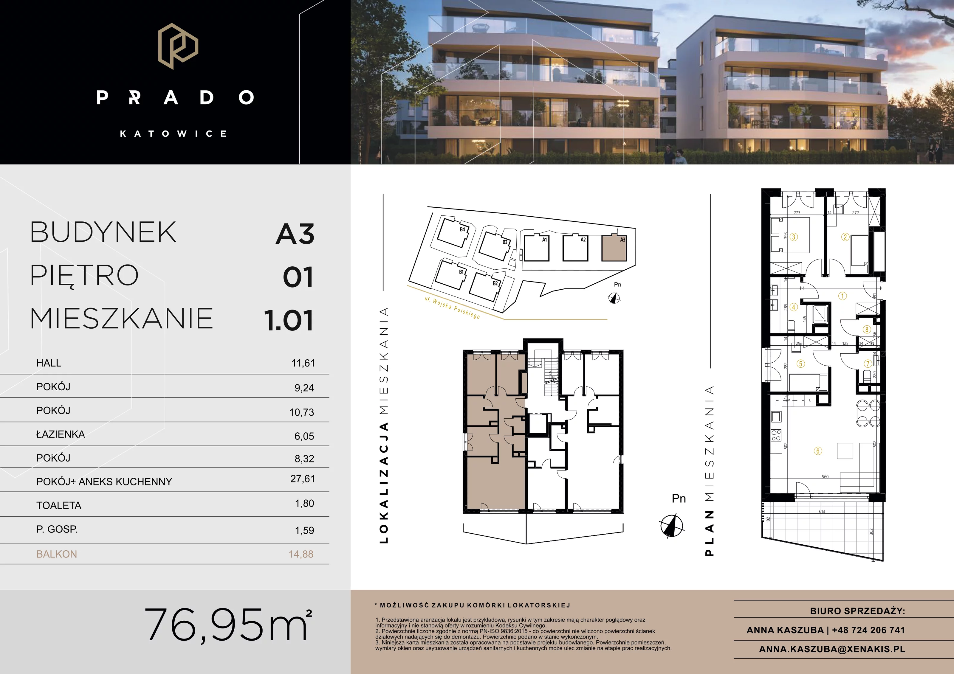 3 pokoje, apartament 76,95 m², piętro 1, oferta nr A3.1.01, Prado Katowice, Katowice, Piotrowice-Ochojec, Piotrowice, ul. Wojska Polskiego