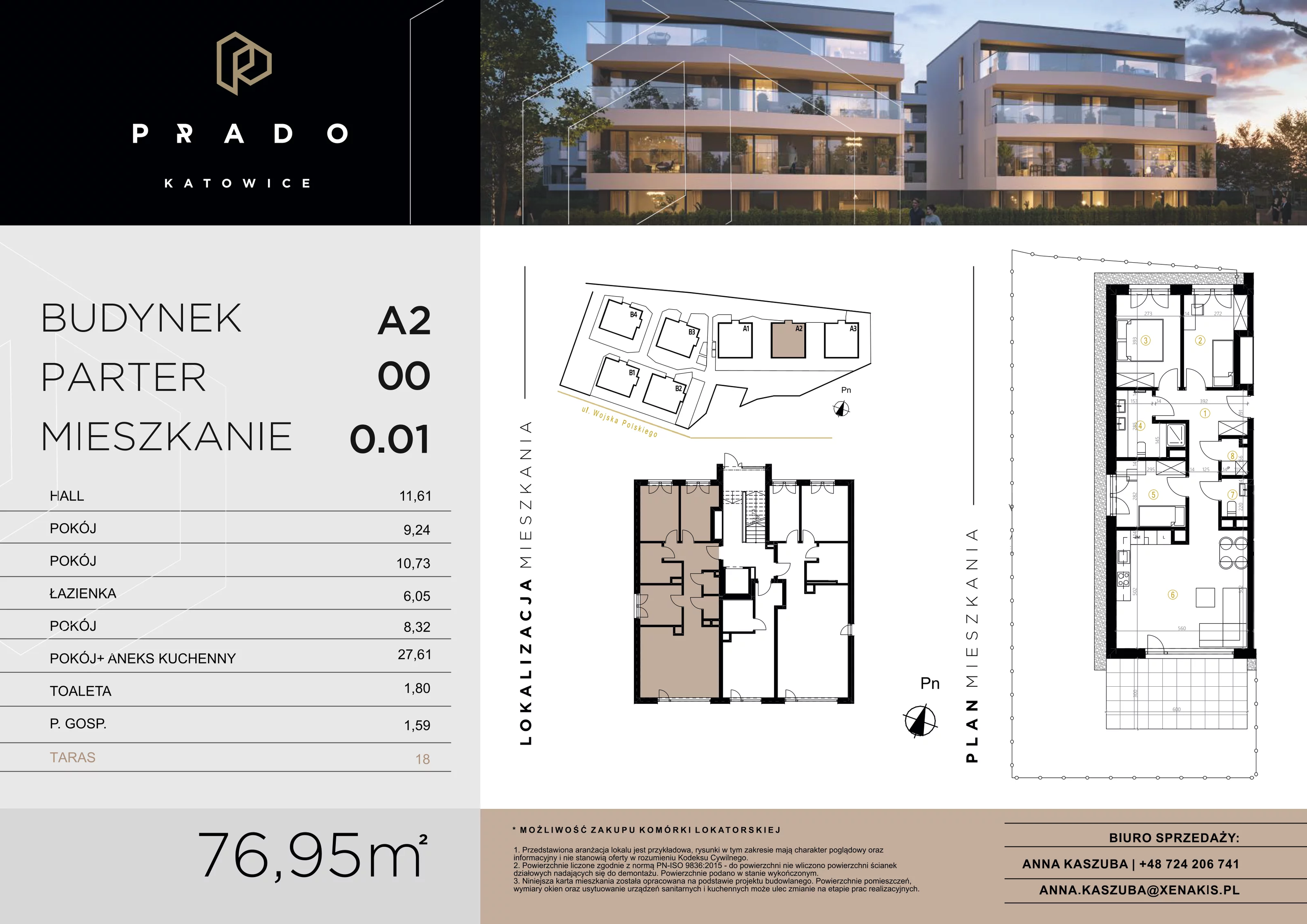3 pokoje, apartament 76,95 m², parter, oferta nr A2.0.01, Prado Katowice, Katowice, Piotrowice-Ochojec, Piotrowice, ul. Wojska Polskiego
