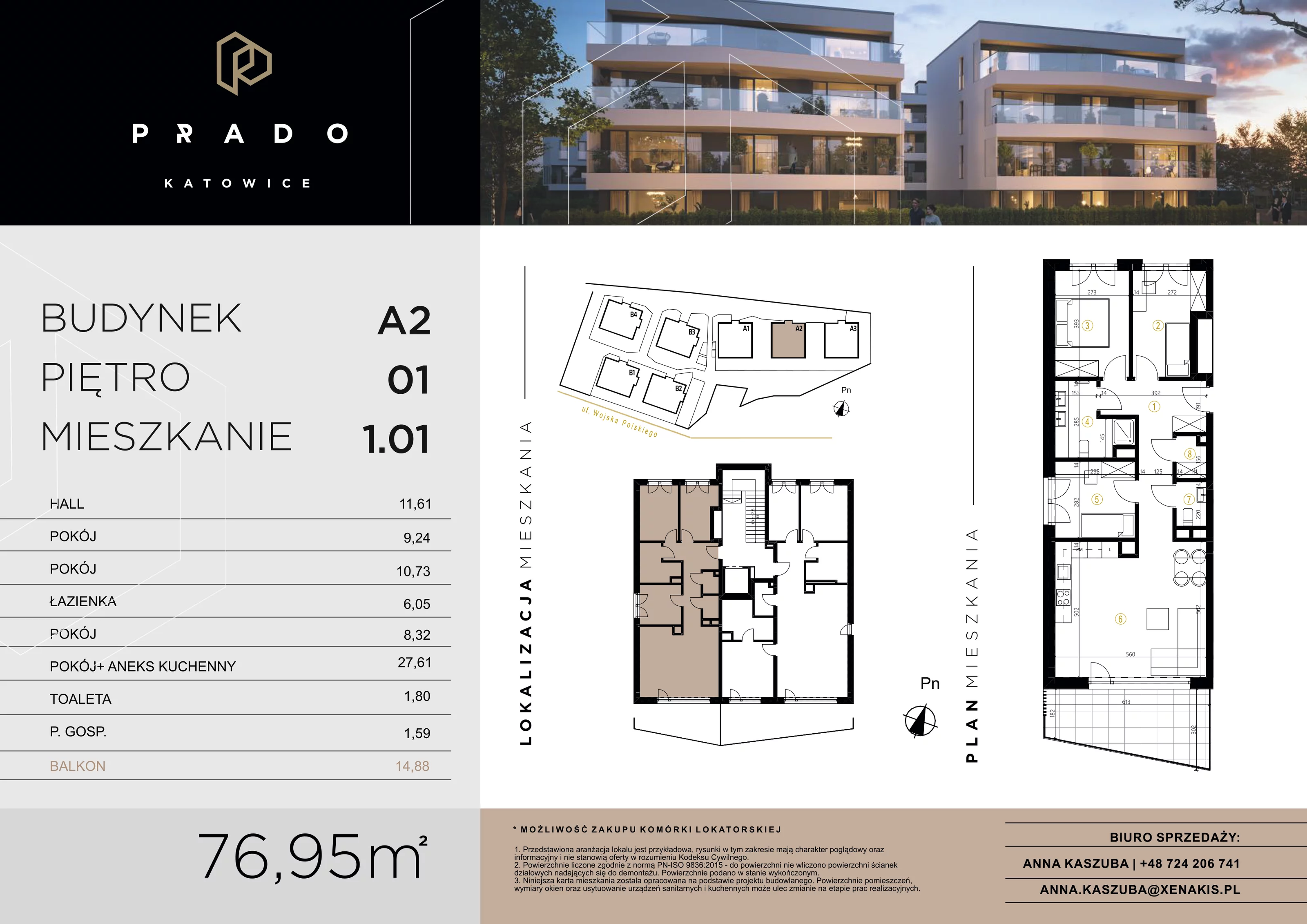 3 pokoje, apartament 76,95 m², piętro 1, oferta nr A2.1.01, Prado Katowice, Katowice, Piotrowice-Ochojec, Piotrowice, ul. Wojska Polskiego