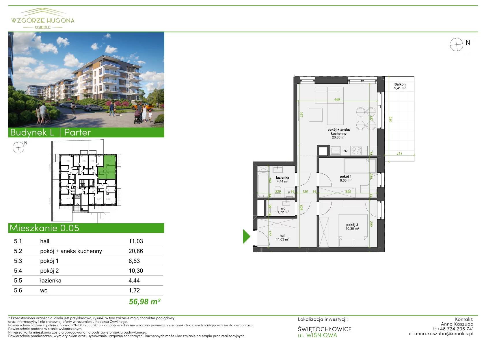 3 pokoje, mieszkanie 56,98 m², parter, oferta nr L.0.05, Wzgórze Hugona, Świętochłowice, ul. Wiśniowa