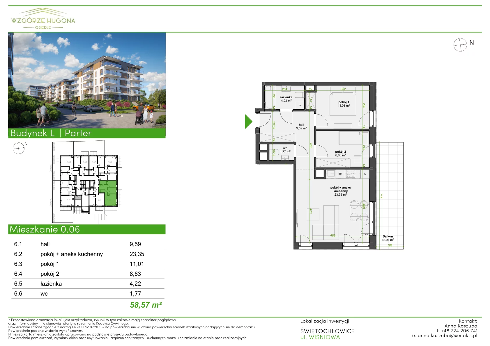 3 pokoje, mieszkanie 58,67 m², parter, oferta nr L.0.06, Wzgórze Hugona, Świętochłowice, ul. Wiśniowa