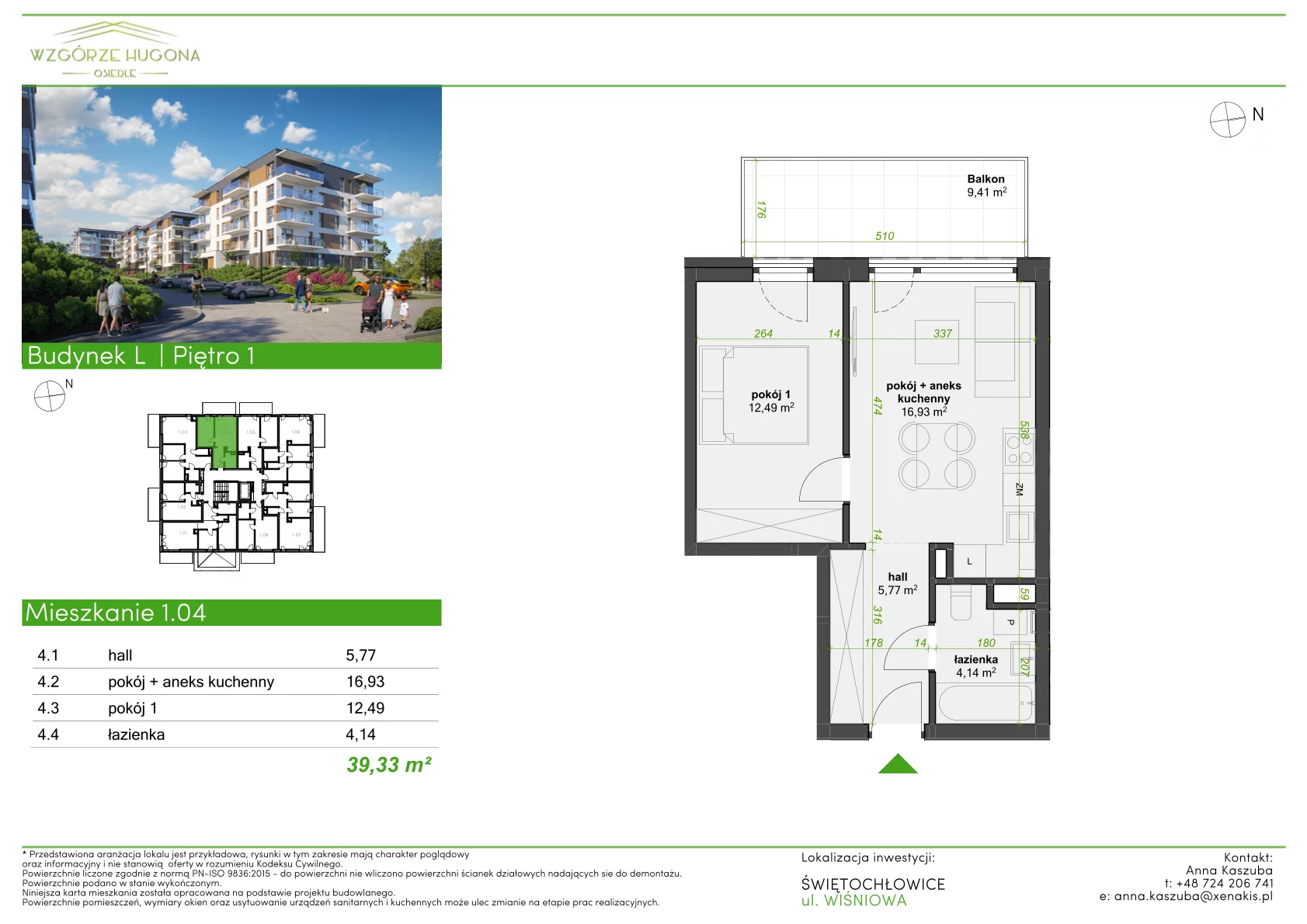 2 pokoje, mieszkanie 39,33 m², parter, oferta nr L.1.04, Wzgórze Hugona, Świętochłowice, ul. Wiśniowa