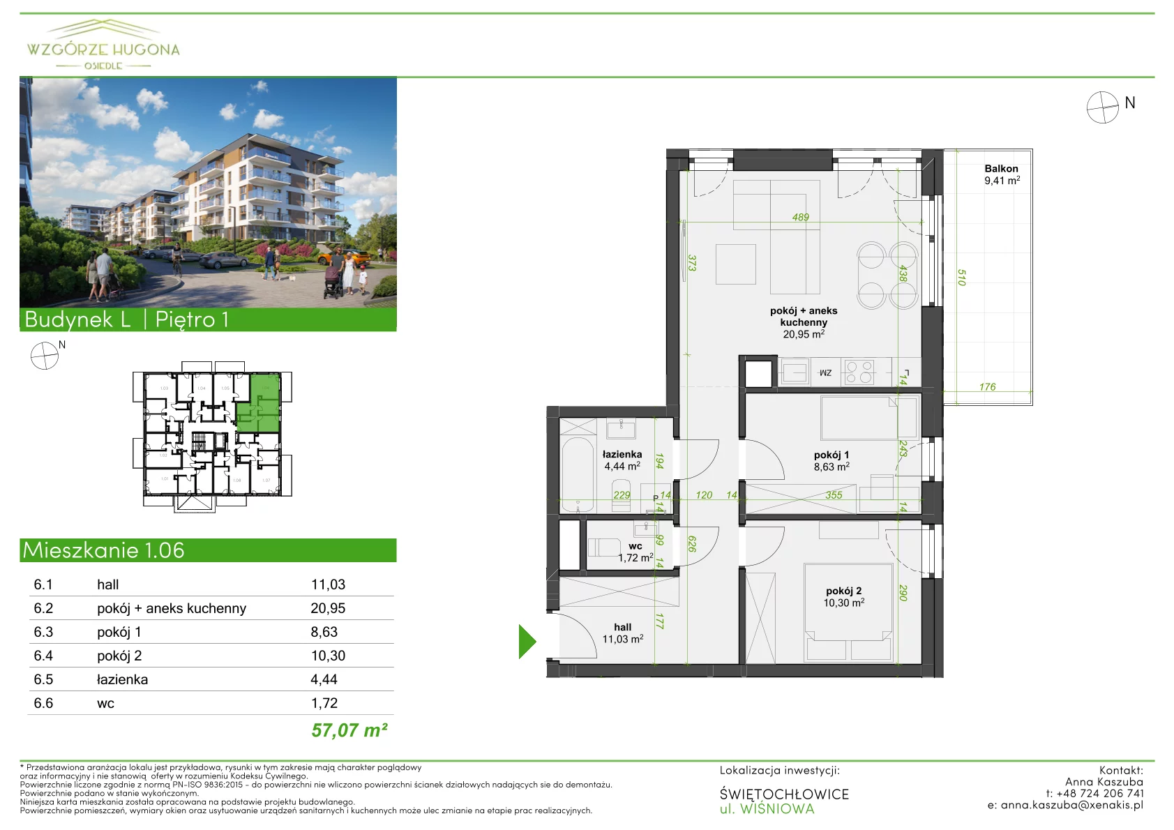 3 pokoje, mieszkanie 57,07 m², piętro 1, oferta nr L.1.06, Wzgórze Hugona, Świętochłowice, ul. Wiśniowa