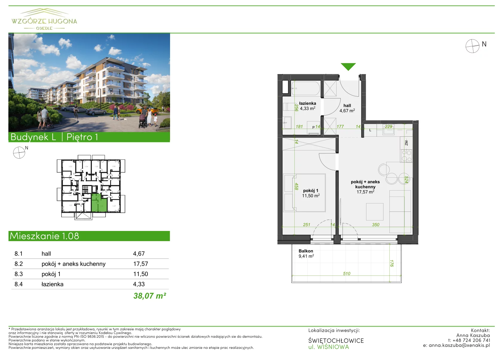 2 pokoje, mieszkanie 38,07 m², piętro 1, oferta nr L.1.08, Wzgórze Hugona, Świętochłowice, ul. Wiśniowa
