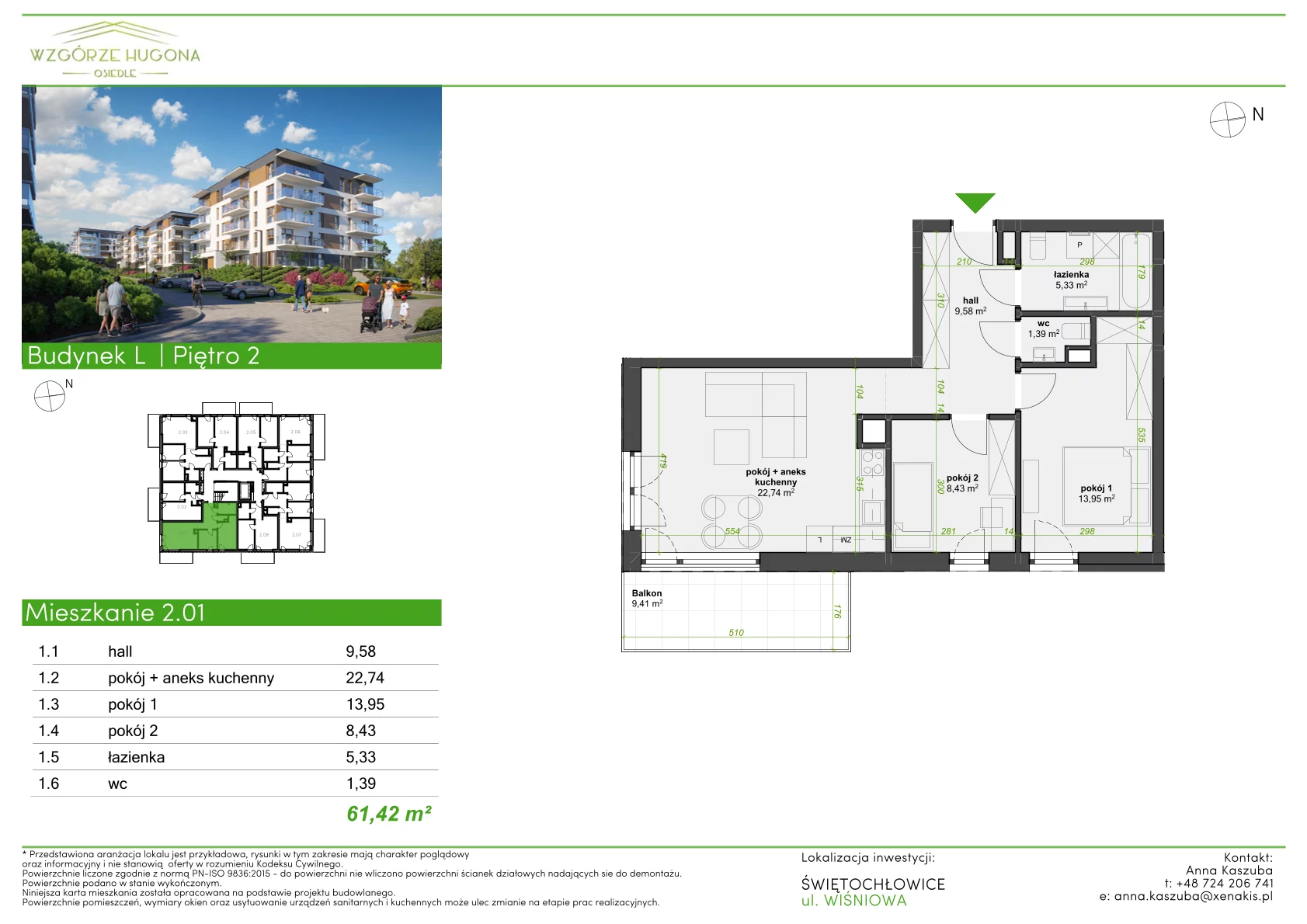 3 pokoje, mieszkanie 61,42 m², piętro 2, oferta nr L.2.01, Wzgórze Hugona, Świętochłowice, ul. Wiśniowa