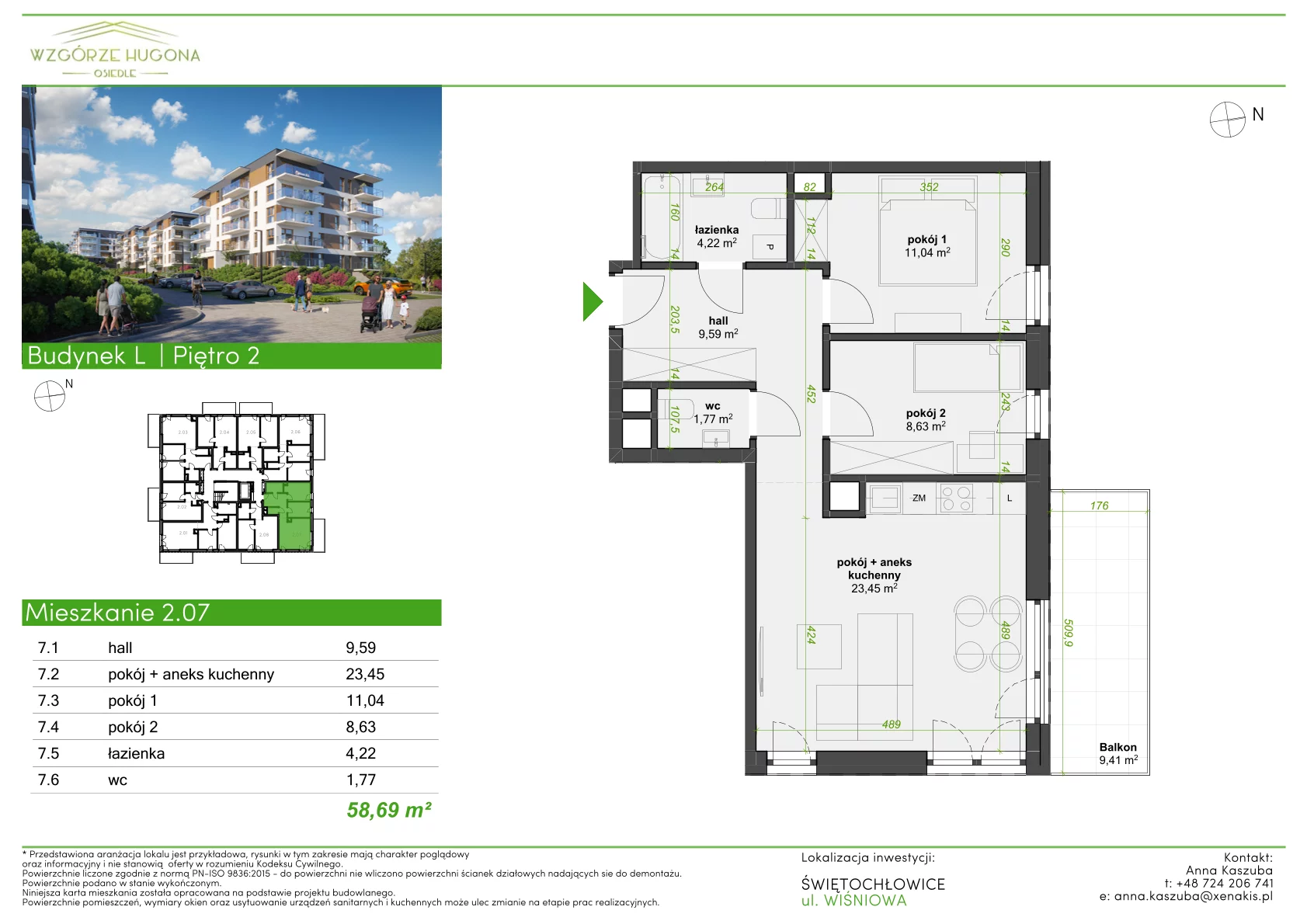 3 pokoje, mieszkanie 58,69 m², piętro 2, oferta nr L.2.07, Wzgórze Hugona, Świętochłowice, ul. Wiśniowa