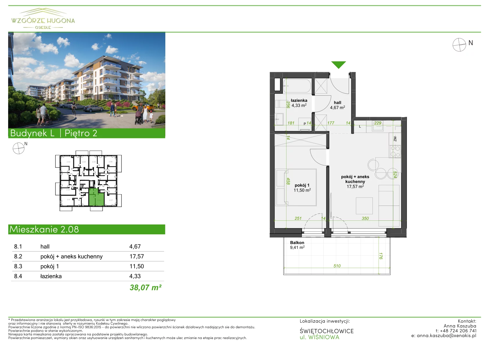 2 pokoje, mieszkanie 38,07 m², piętro 2, oferta nr L.2.08, Wzgórze Hugona, Świętochłowice, ul. Wiśniowa