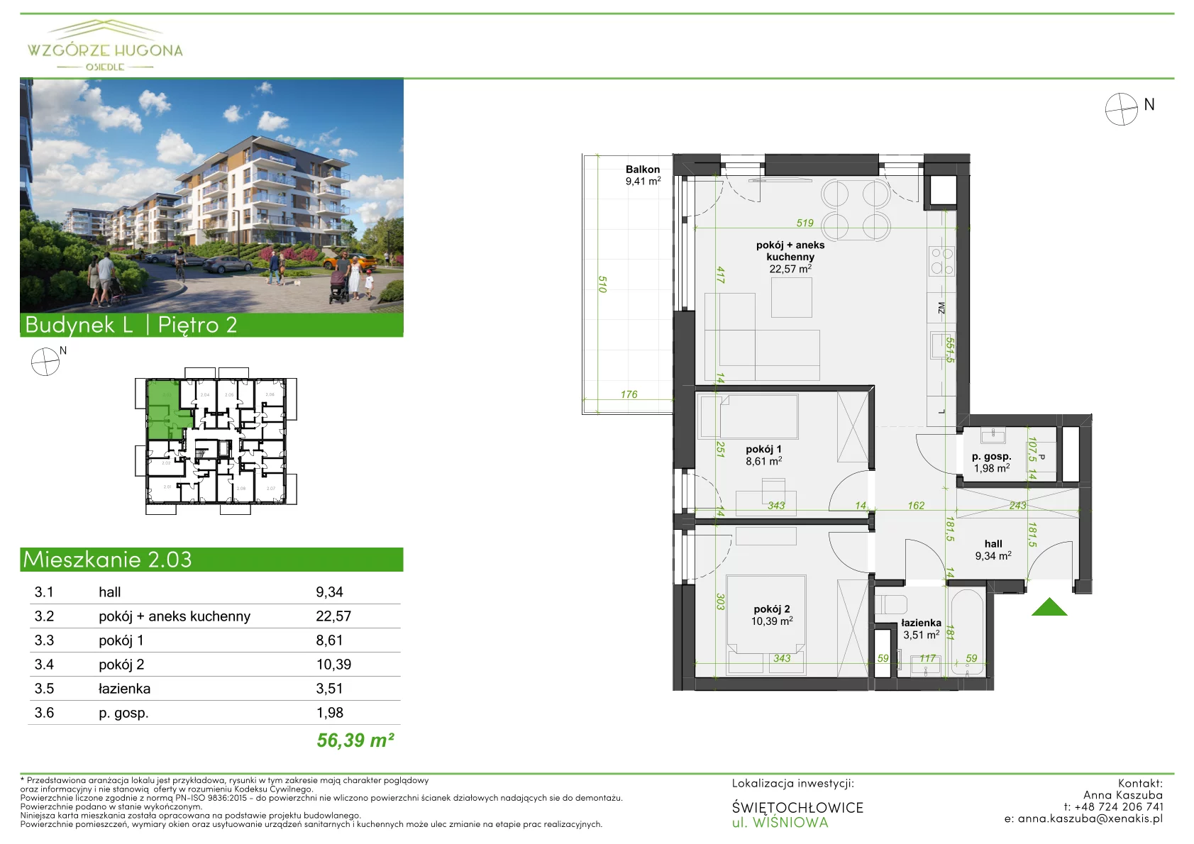 3 pokoje, mieszkanie 56,39 m², piętro 2, oferta nr L.2.03, Wzgórze Hugona, Świętochłowice, ul. Wiśniowa