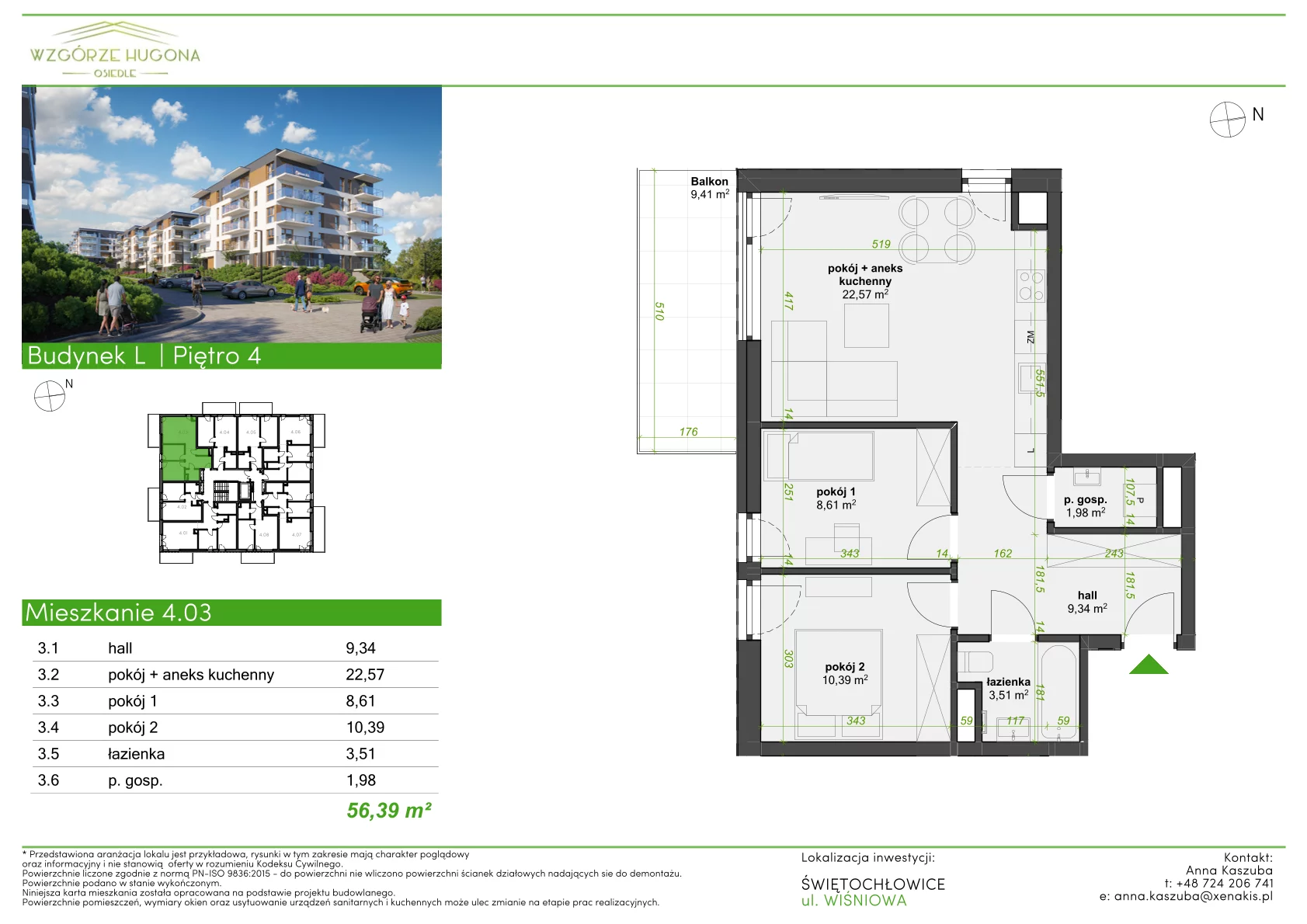 3 pokoje, mieszkanie 56,39 m², piętro 4, oferta nr L.4.03, Wzgórze Hugona, Świętochłowice, ul. Wiśniowa