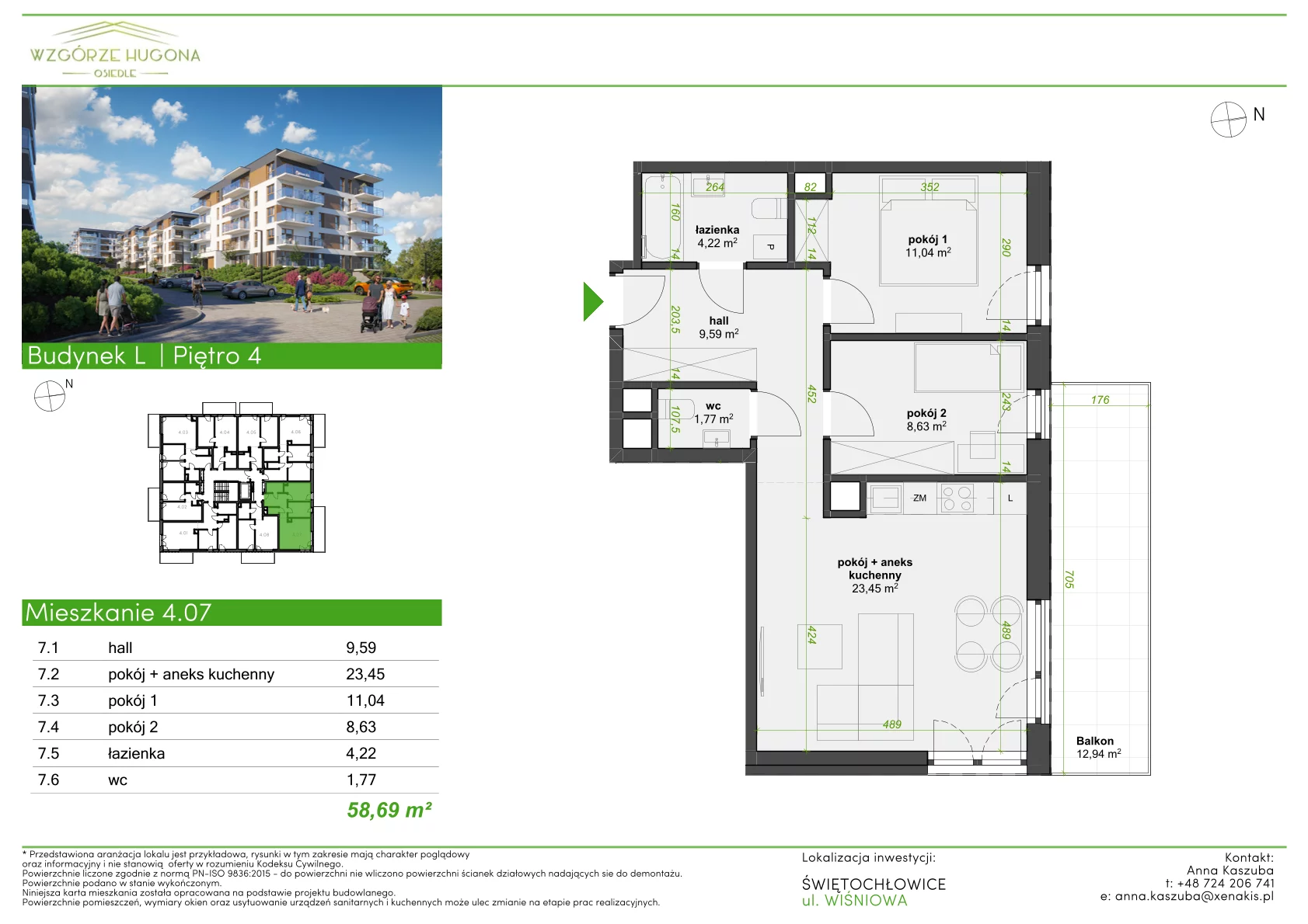 3 pokoje, mieszkanie 58,69 m², piętro 4, oferta nr L.4.07, Wzgórze Hugona, Świętochłowice, ul. Wiśniowa