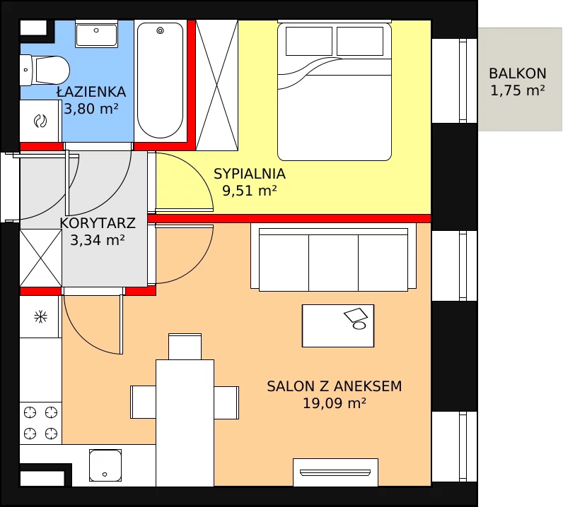 2 pokoje, apartament 35,74 m², piętro 1, oferta nr M07, Niecała Prestige Residence, Lublin, Śródmieście, ul. Niecała 20