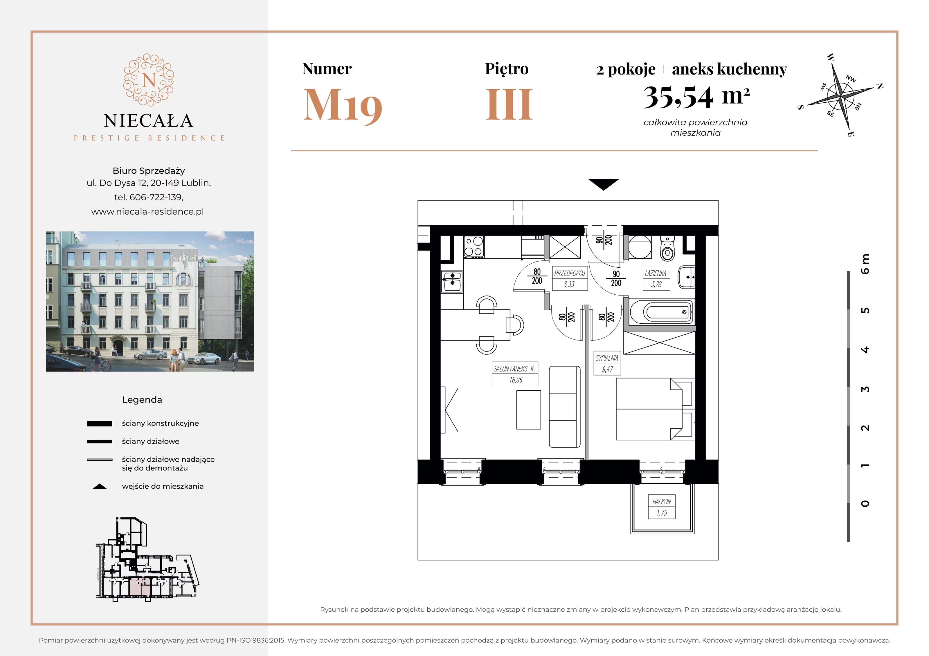 2 pokoje, apartament 35,54 m², piętro 3, oferta nr M19, Niecała Prestige Residence, Lublin, Śródmieście, ul. Niecała 20