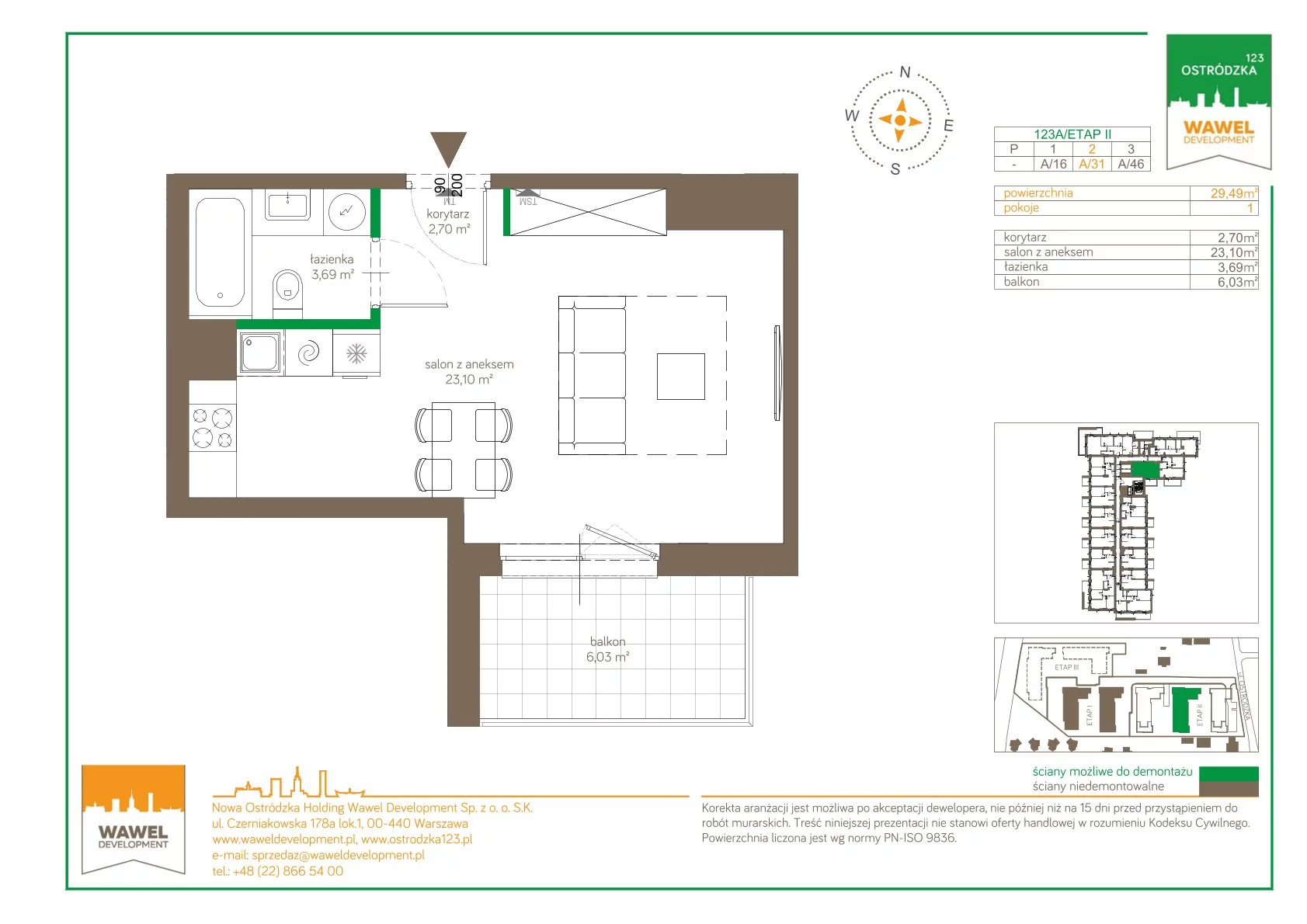 Mieszkanie 29,49 m², piętro 2, oferta nr 123 A/A-31, Ostródzka 123 - Etap II, Warszawa, Białołęka, Brzeziny, ul. Ostródzka 123