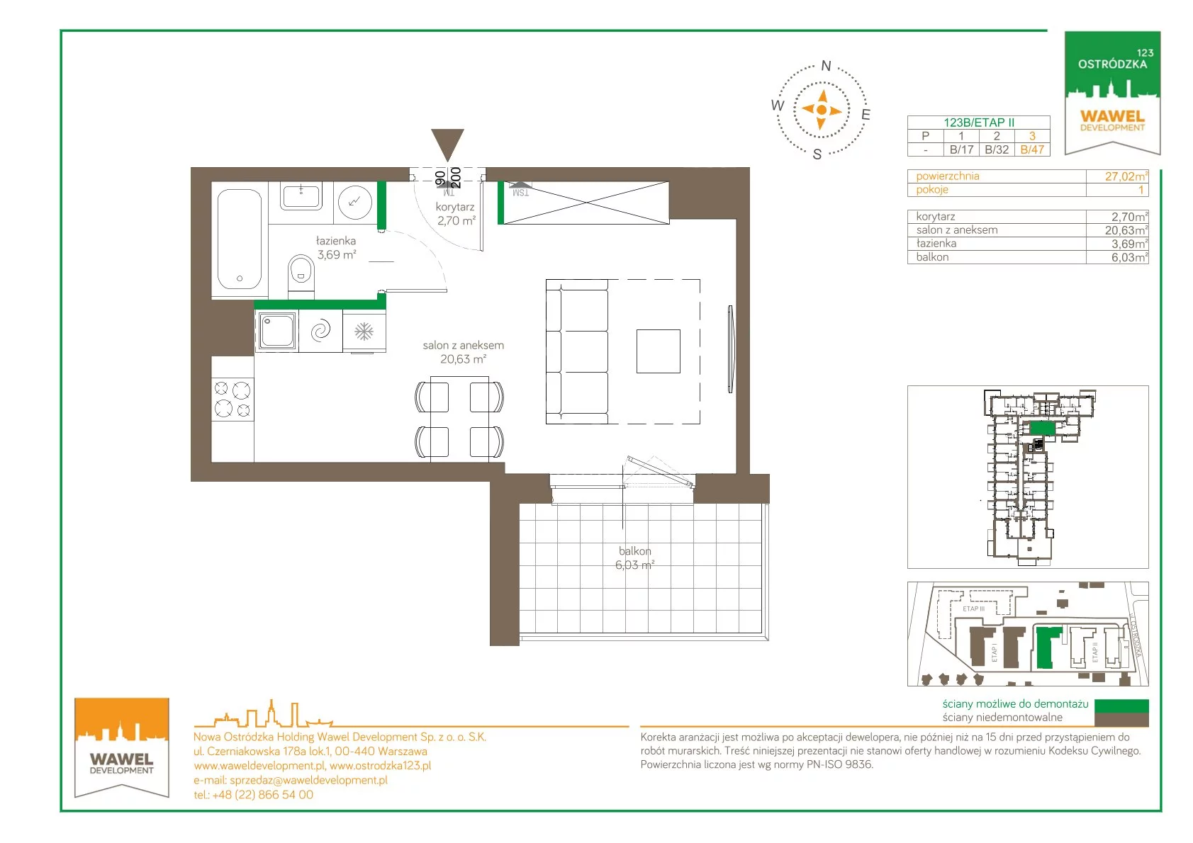 Mieszkanie 27,02 m², piętro 3, oferta nr 123 B/B-47, Ostródzka 123 - Etap II, Warszawa, Białołęka, Brzeziny, ul. Ostródzka 123