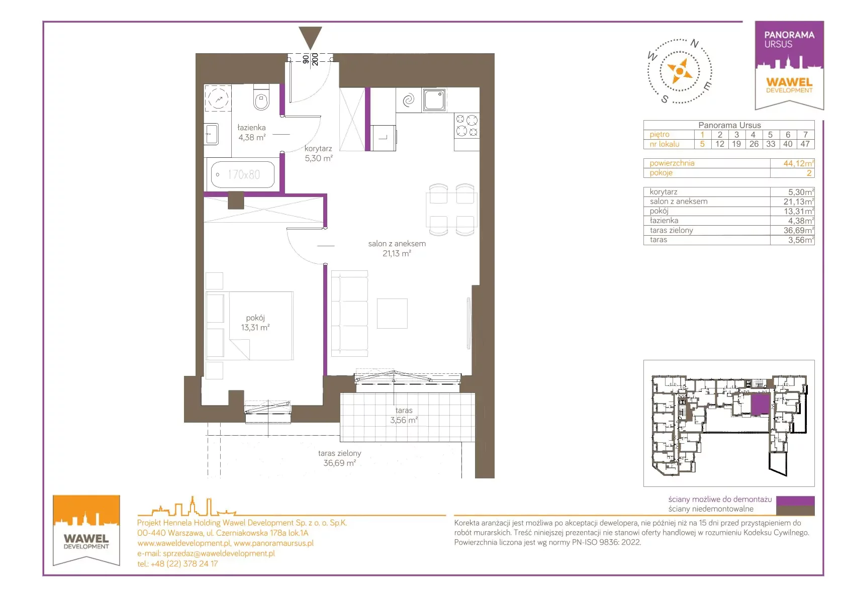 2 pokoje, mieszkanie 44,12 m², piętro 1, oferta nr 5, Panorama Ursus, Warszawa, Ursus, Szamoty, ul. Giserska 5