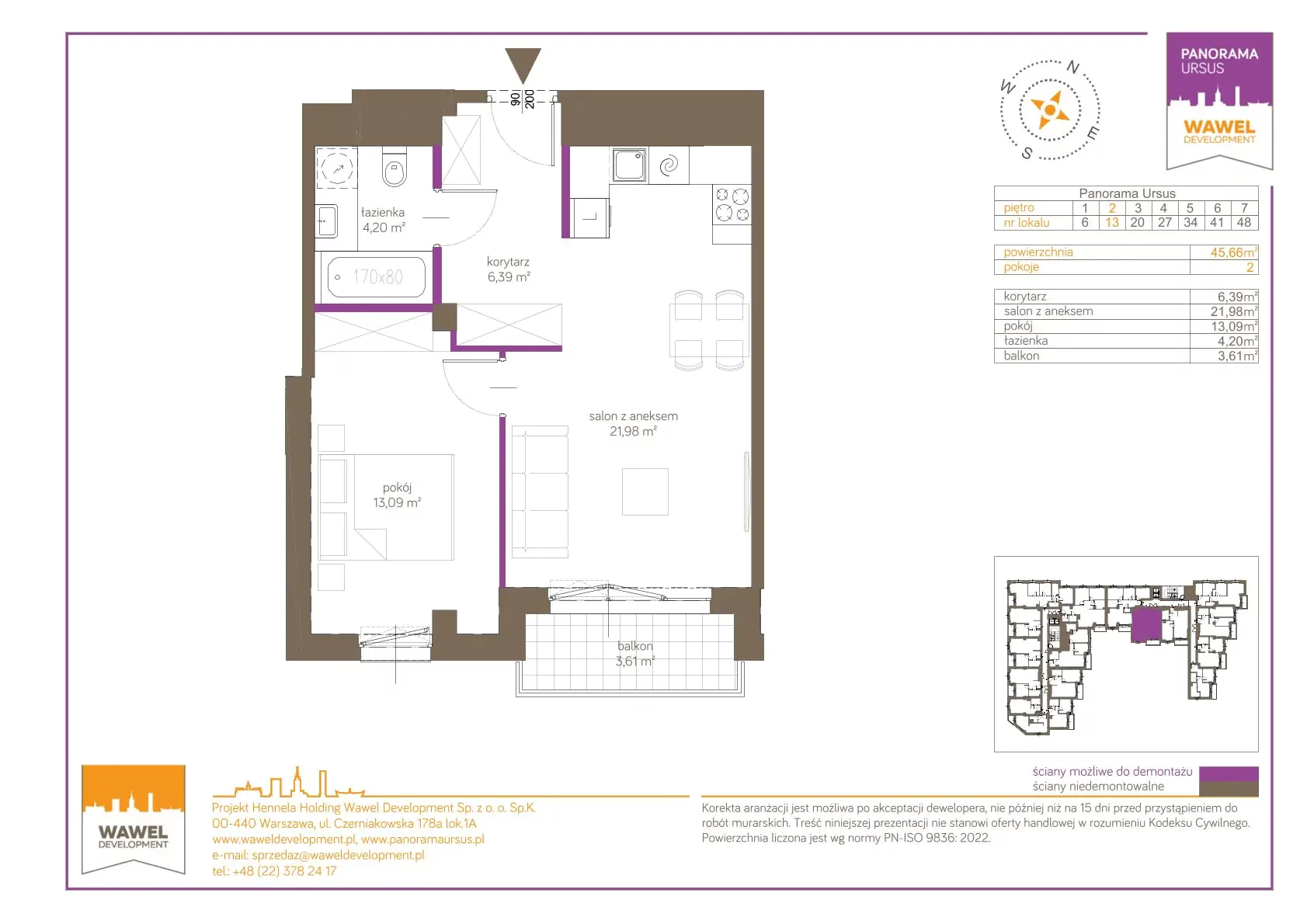 2 pokoje, mieszkanie 45,66 m², piętro 2, oferta nr 13, Panorama Ursus, Warszawa, Ursus, Szamoty, ul. Giserska 5