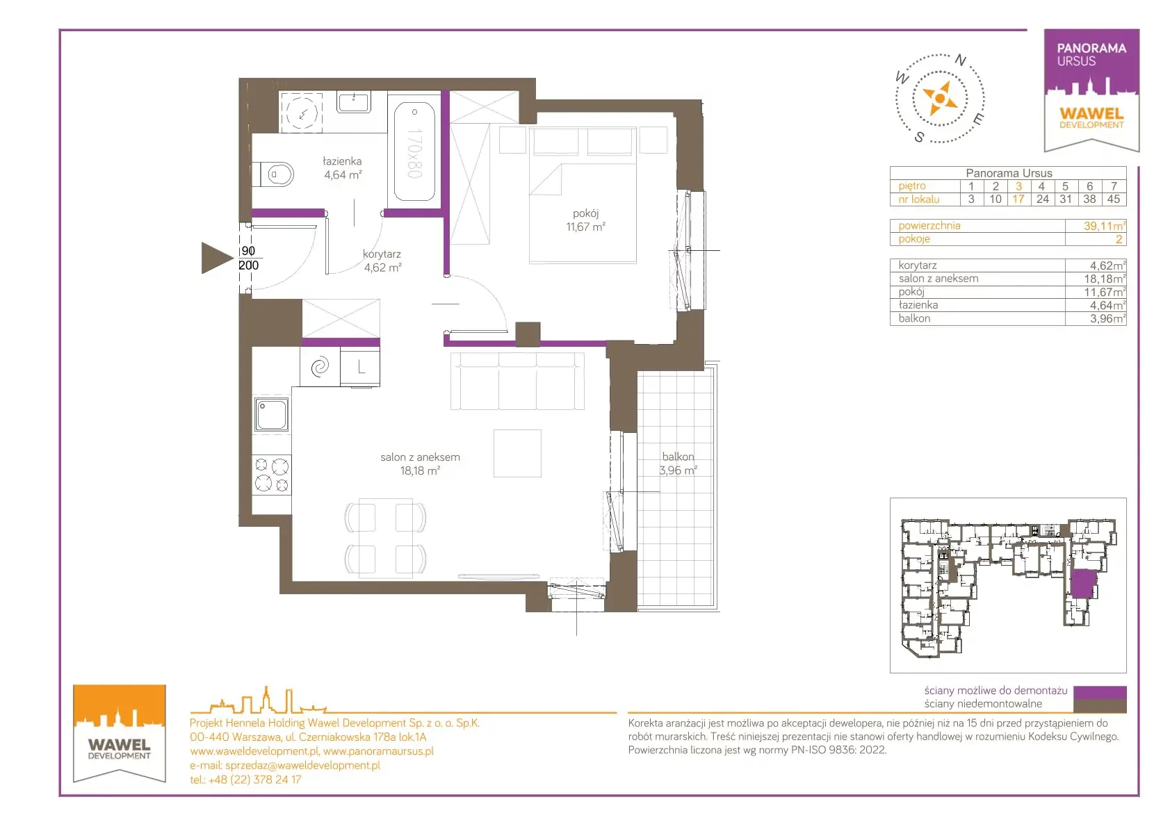 2 pokoje, mieszkanie 39,11 m², piętro 3, oferta nr 17, Panorama Ursus, Warszawa, Ursus, Szamoty, ul. Giserska 5