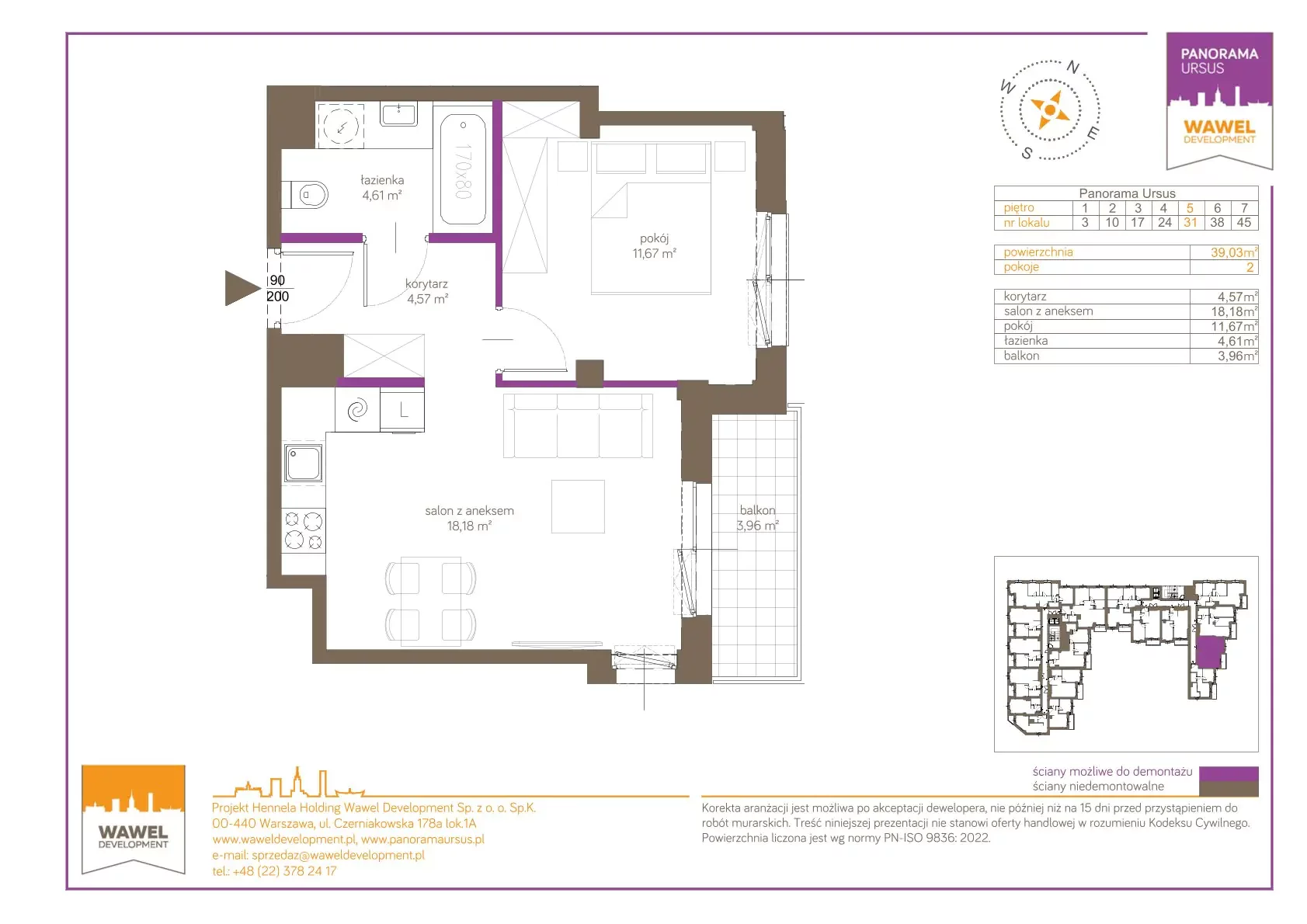 2 pokoje, mieszkanie 39,03 m², piętro 5, oferta nr 31, Panorama Ursus, Warszawa, Ursus, Szamoty, ul. Giserska 5