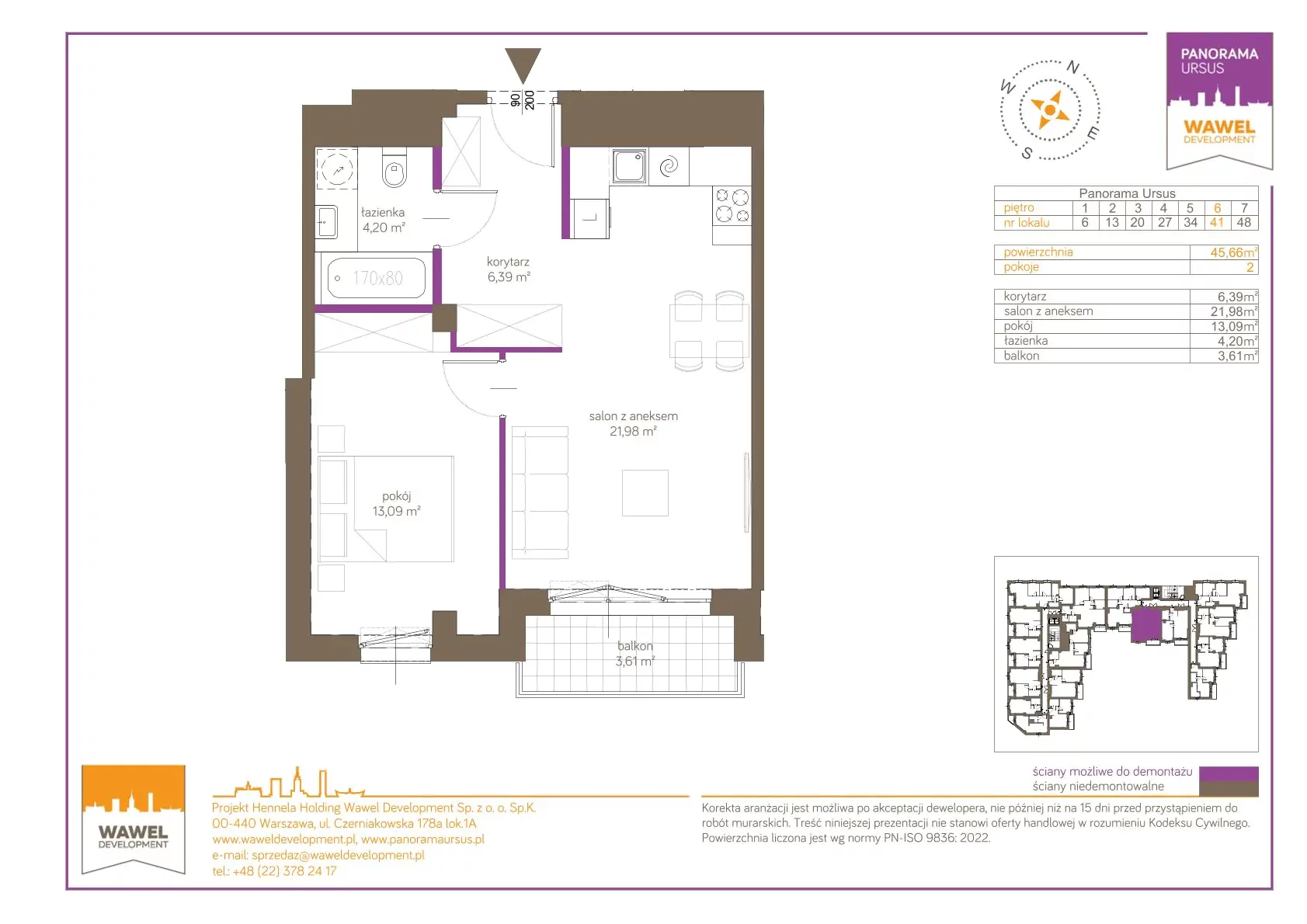 2 pokoje, mieszkanie 45,66 m², piętro 6, oferta nr 41, Panorama Ursus, Warszawa, Ursus, Szamoty, ul. Giserska 5