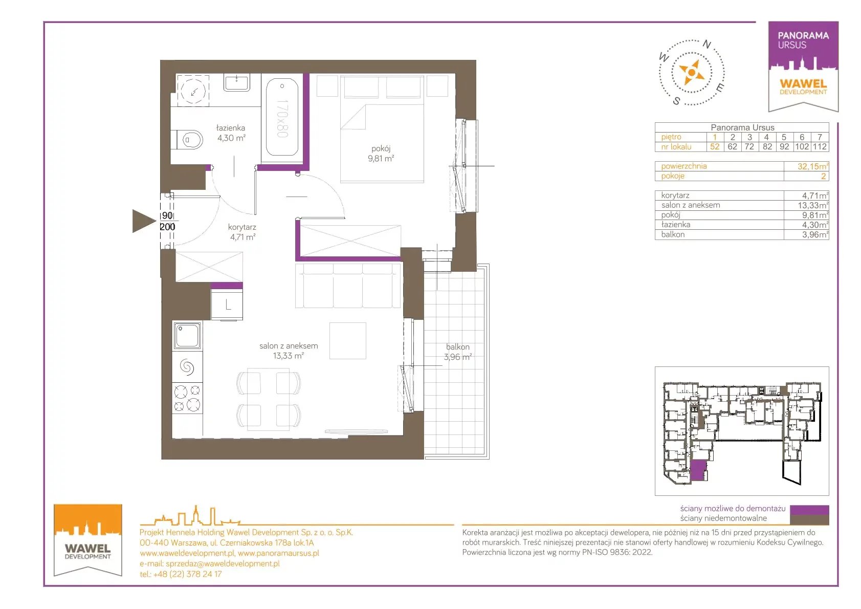 2 pokoje, mieszkanie 32,15 m², piętro 1, oferta nr 52, Panorama Ursus, Warszawa, Ursus, Szamoty, ul. Giserska 5