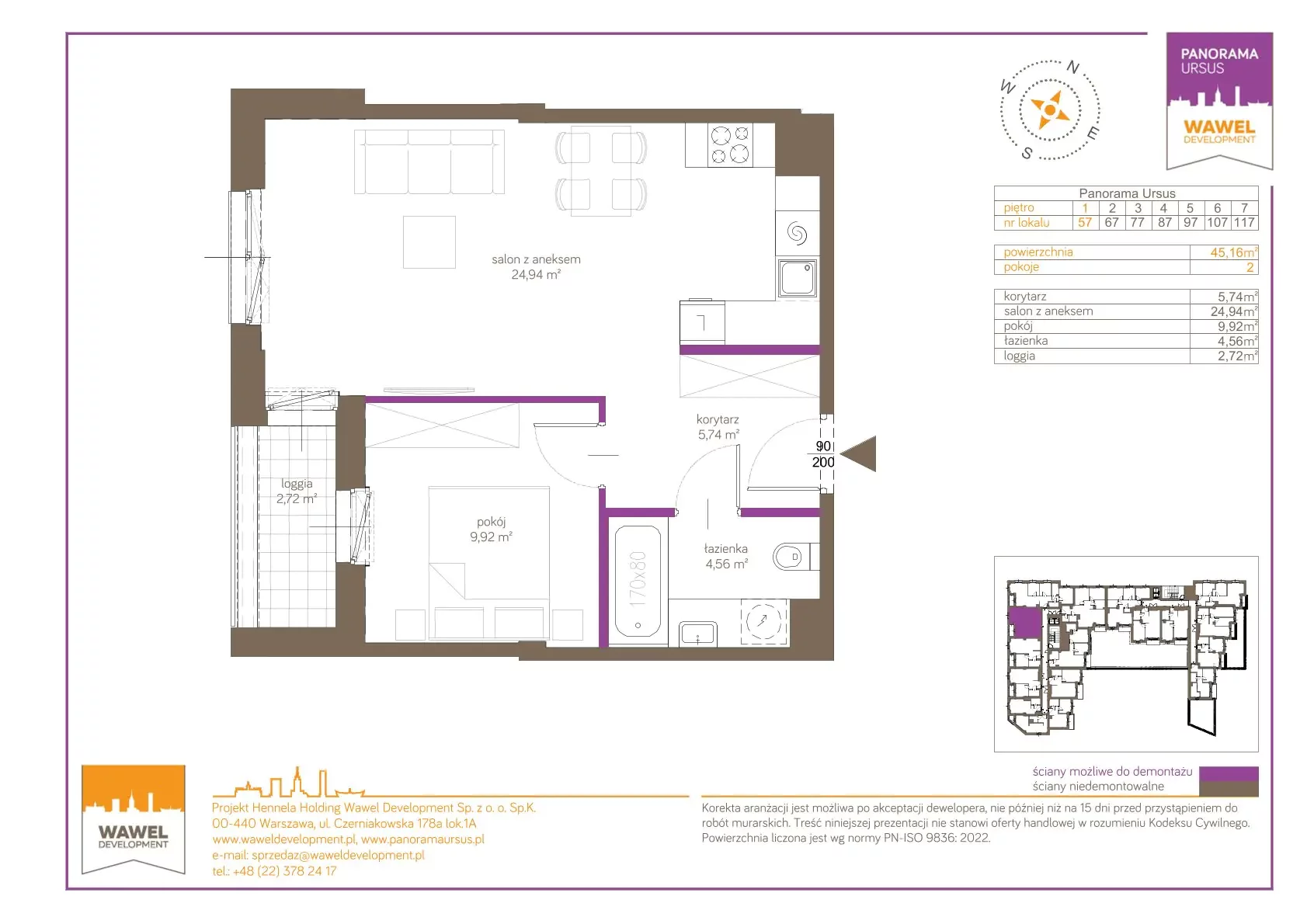 2 pokoje, mieszkanie 45,16 m², piętro 1, oferta nr 57, Panorama Ursus, Warszawa, Ursus, Szamoty, ul. Giserska 5