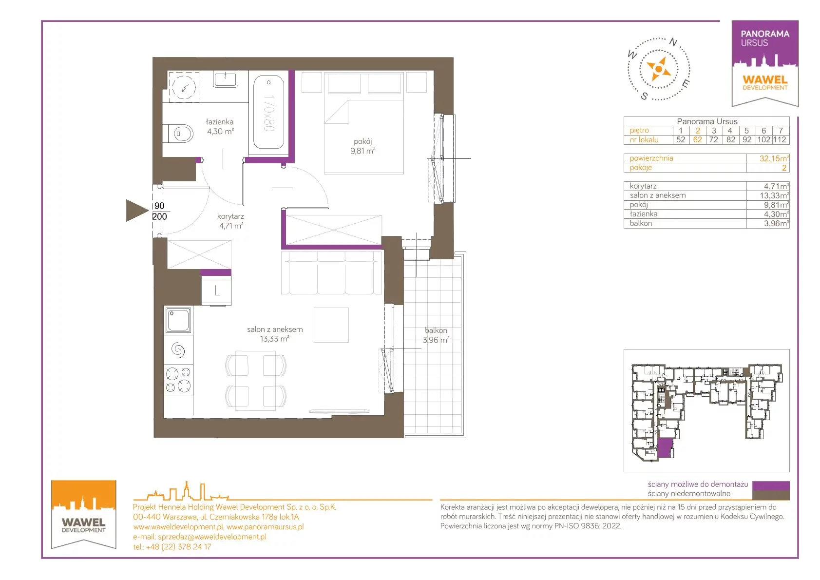 2 pokoje, mieszkanie 32,15 m², piętro 2, oferta nr 62, Panorama Ursus, Warszawa, Ursus, Szamoty, ul. Giserska 5