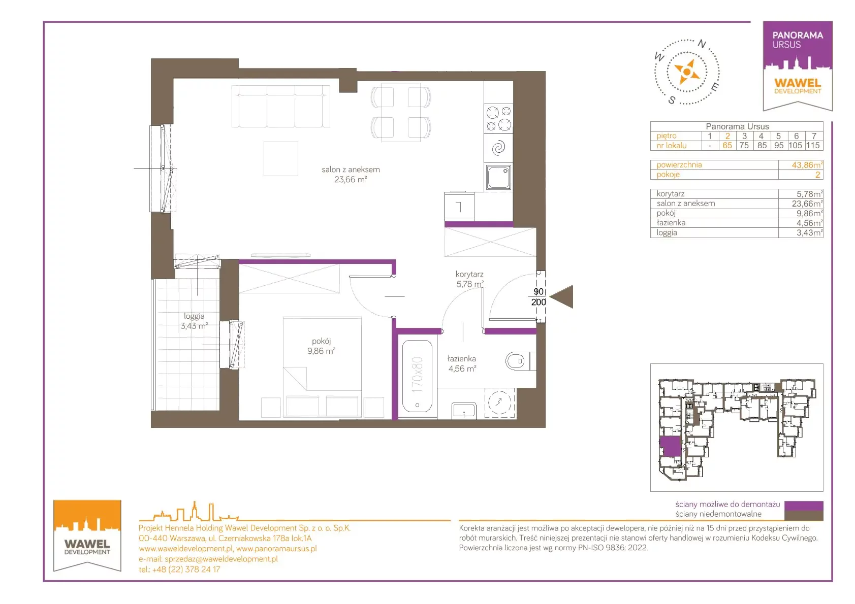 2 pokoje, mieszkanie 43,86 m², piętro 2, oferta nr 65, Panorama Ursus, Warszawa, Ursus, Szamoty, ul. Giserska 5