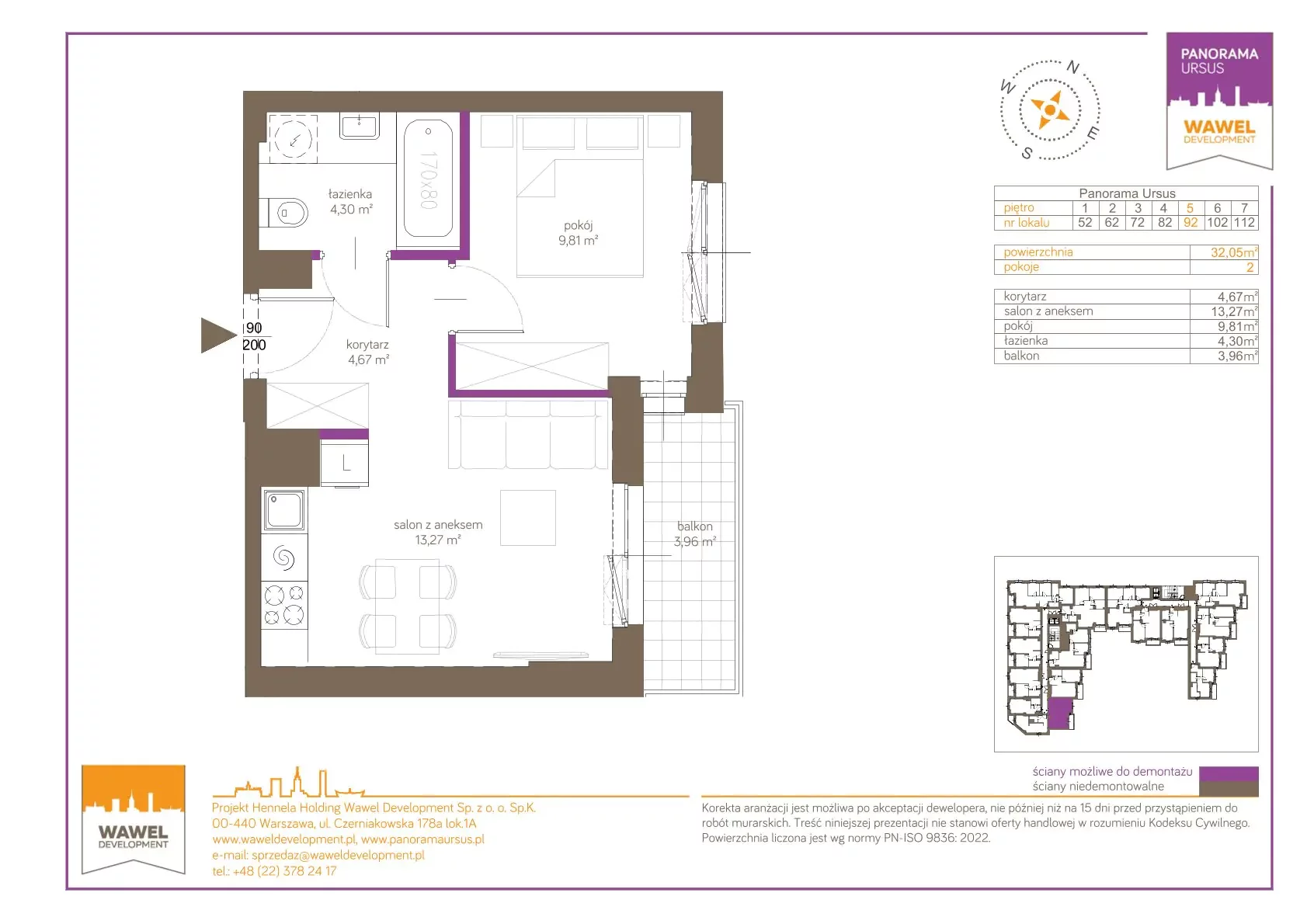 2 pokoje, mieszkanie 32,05 m², piętro 5, oferta nr 92, Panorama Ursus, Warszawa, Ursus, Szamoty, ul. Giserska 5