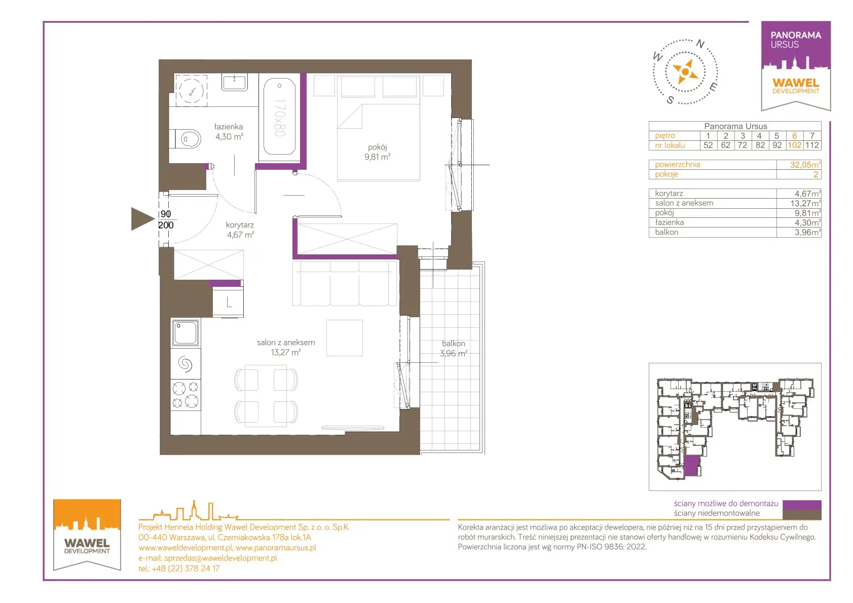 2 pokoje, mieszkanie 32,05 m², piętro 6, oferta nr 102, Panorama Ursus, Warszawa, Ursus, Szamoty, ul. Giserska 5