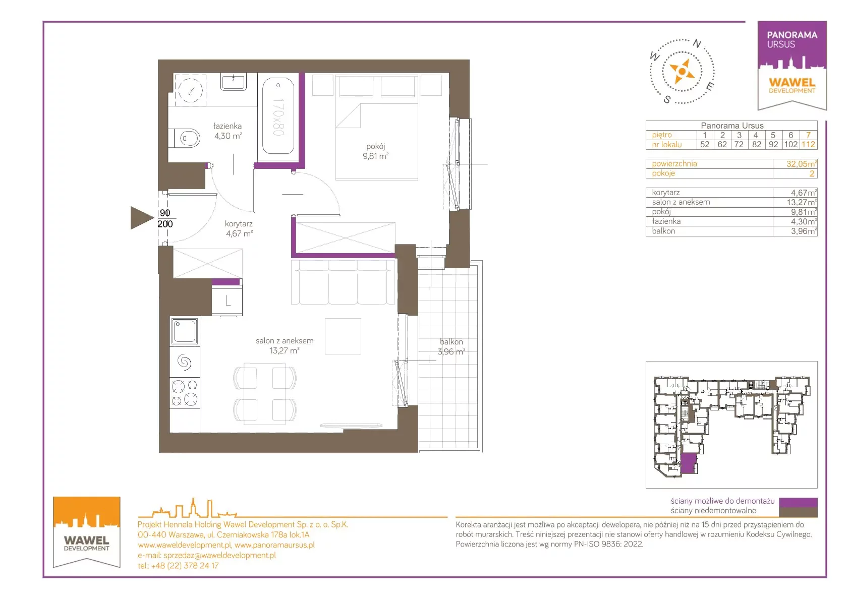 2 pokoje, mieszkanie 32,05 m², piętro 7, oferta nr 112, Panorama Ursus, Warszawa, Ursus, Szamoty, ul. Giserska 5