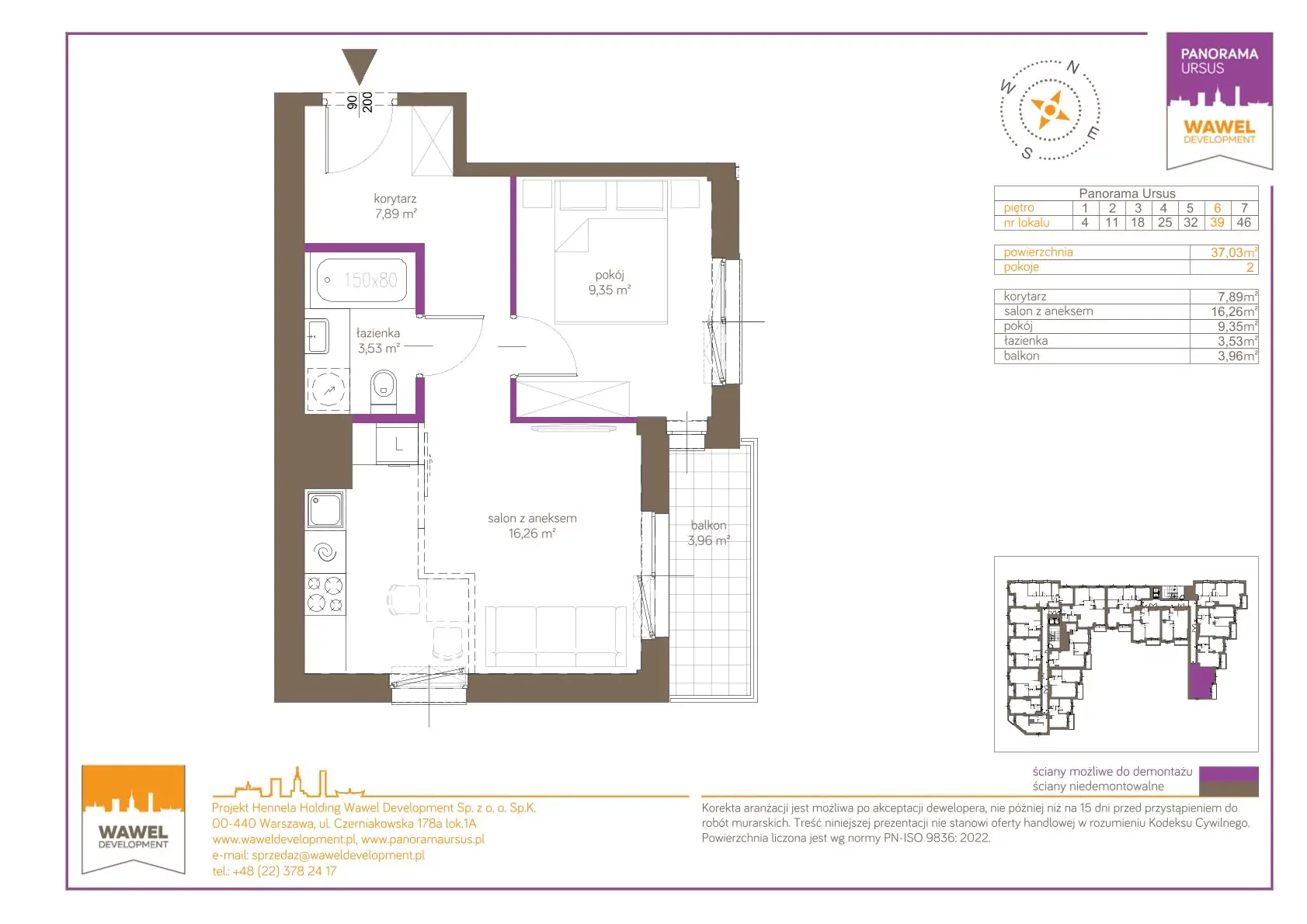 2 pokoje, mieszkanie 37,03 m², piętro 6, oferta nr 39, Panorama Ursus, Warszawa, Ursus, Szamoty, ul. Giserska 5