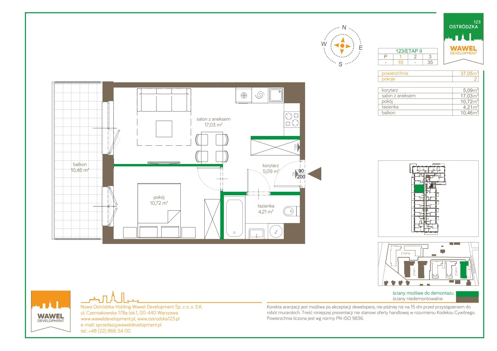 Mieszkanie 37,05 m², piętro 1, oferta nr 123/10, Ostródzka 123 - Etap II, Warszawa, Białołęka, Brzeziny, ul. Ostródzka 123