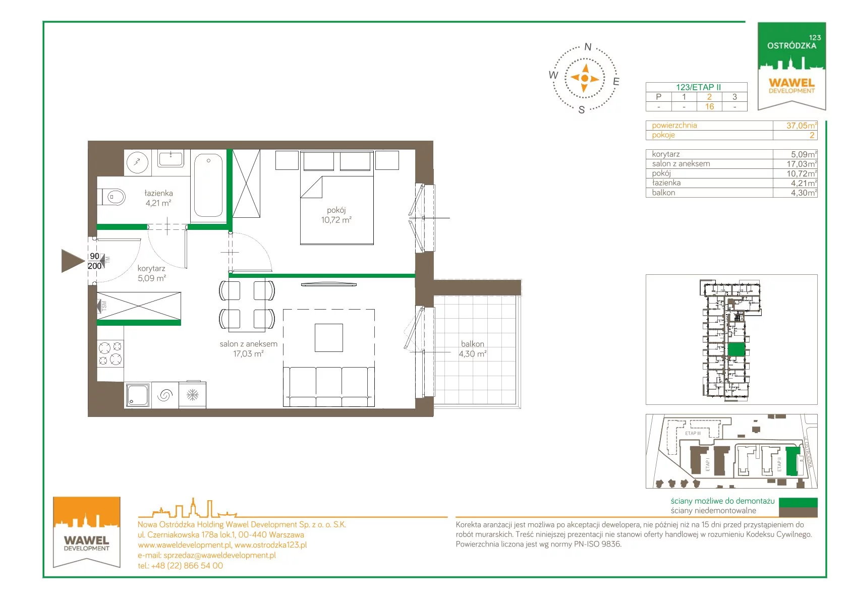 Mieszkanie 37,05 m², piętro 2, oferta nr 123/16, Ostródzka 123 - Etap II, Warszawa, Białołęka, Brzeziny, ul. Ostródzka 123