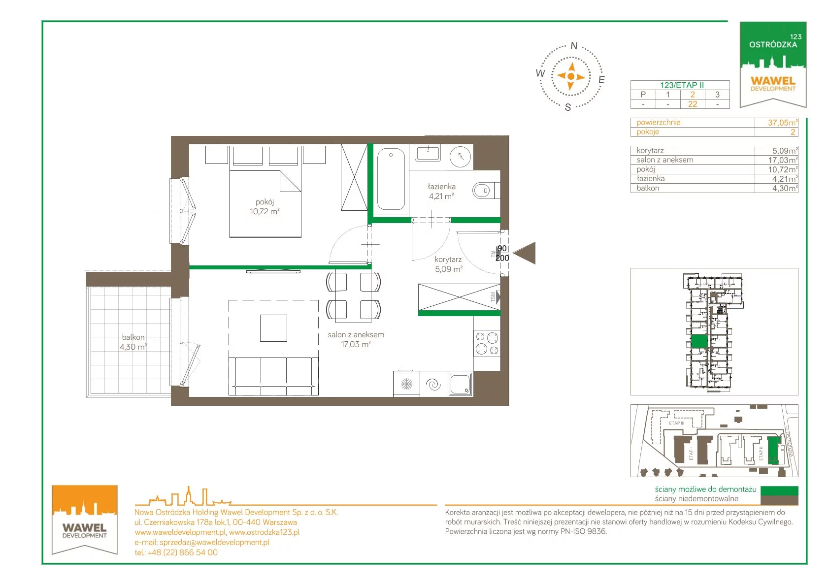 Mieszkanie 37,05 m², piętro 2, oferta nr 123/22, Ostródzka 123 - Etap II, Warszawa, Białołęka, Brzeziny, ul. Ostródzka 123