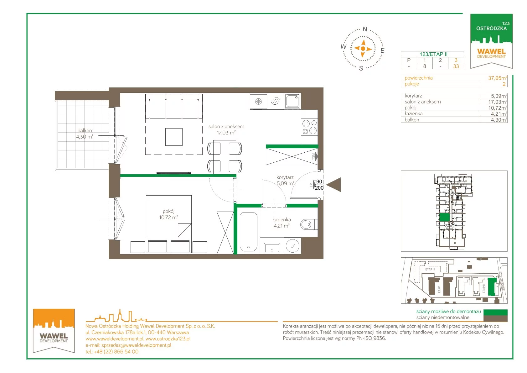 Mieszkanie 37,05 m², piętro 3, oferta nr 123/33, Ostródzka 123 - Etap II, Warszawa, Białołęka, Brzeziny, ul. Ostródzka 123