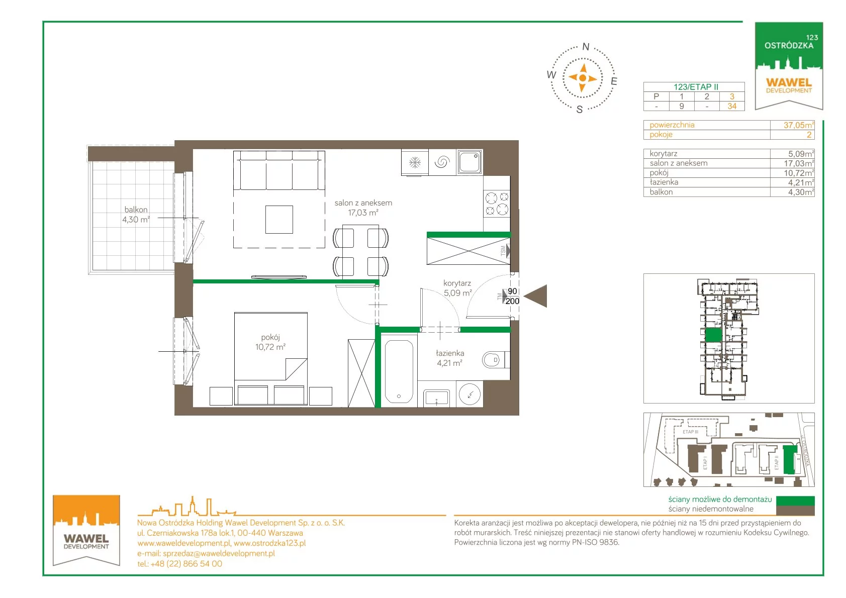 Mieszkanie 37,05 m², piętro 3, oferta nr 123/34, Ostródzka 123 - Etap II, Warszawa, Białołęka, Brzeziny, ul. Ostródzka 123