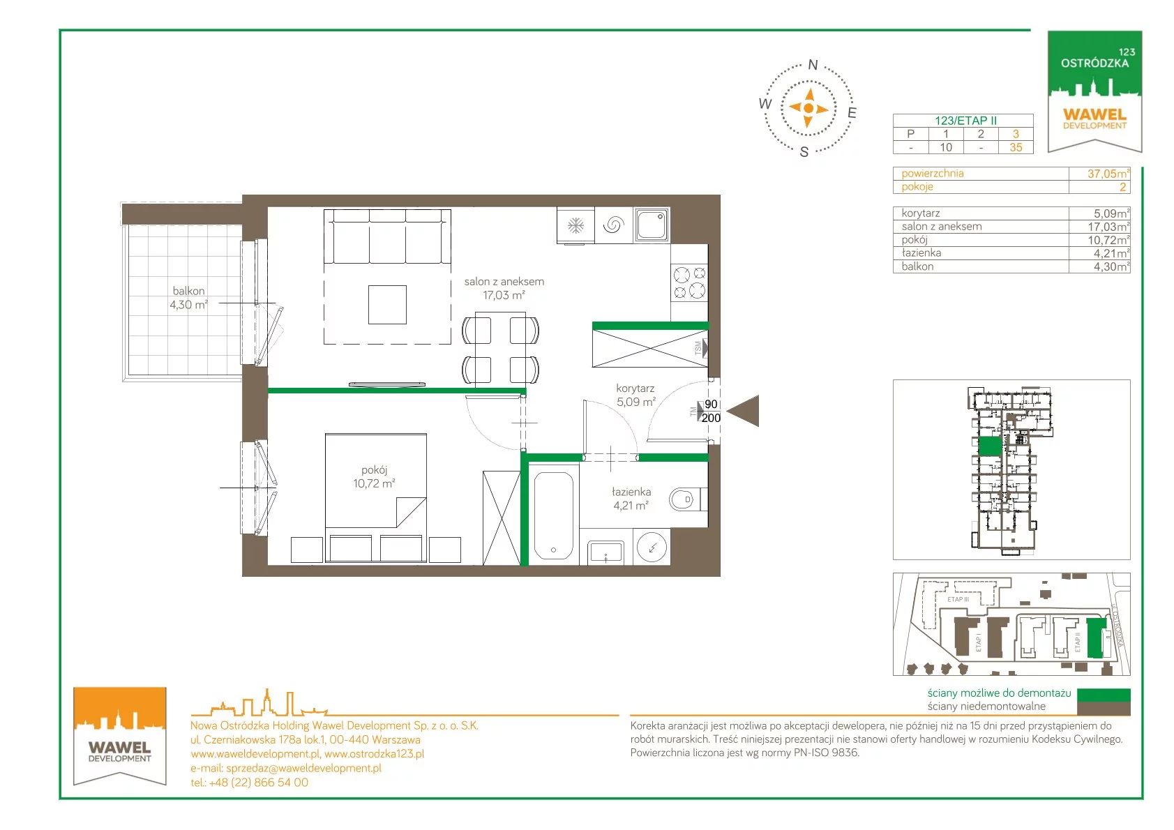 Mieszkanie 37,05 m², piętro 3, oferta nr 123/35, Ostródzka 123 - Etap II, Warszawa, Białołęka, Brzeziny, ul. Ostródzka 123