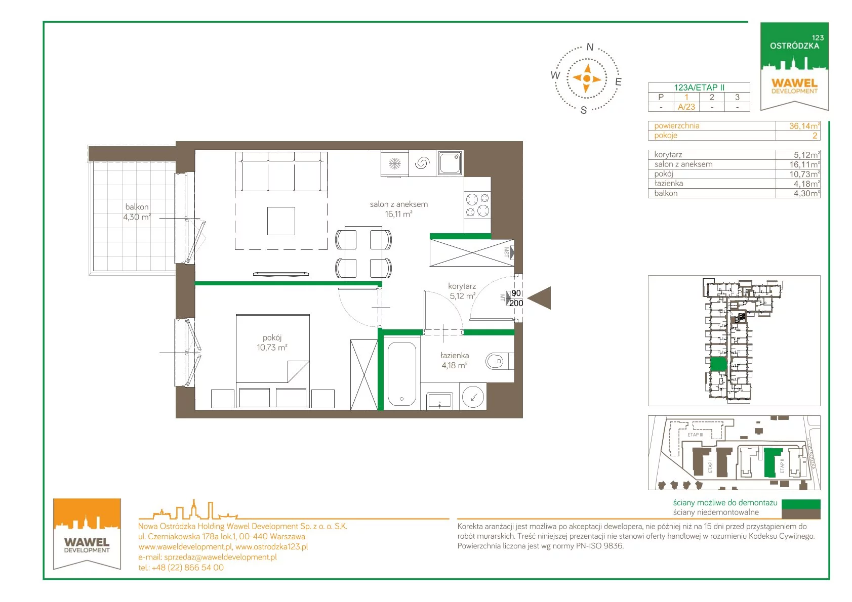 Mieszkanie 36,14 m², piętro 1, oferta nr 123 A/A-23, Ostródzka 123 - Etap II, Warszawa, Białołęka, Brzeziny, ul. Ostródzka 123