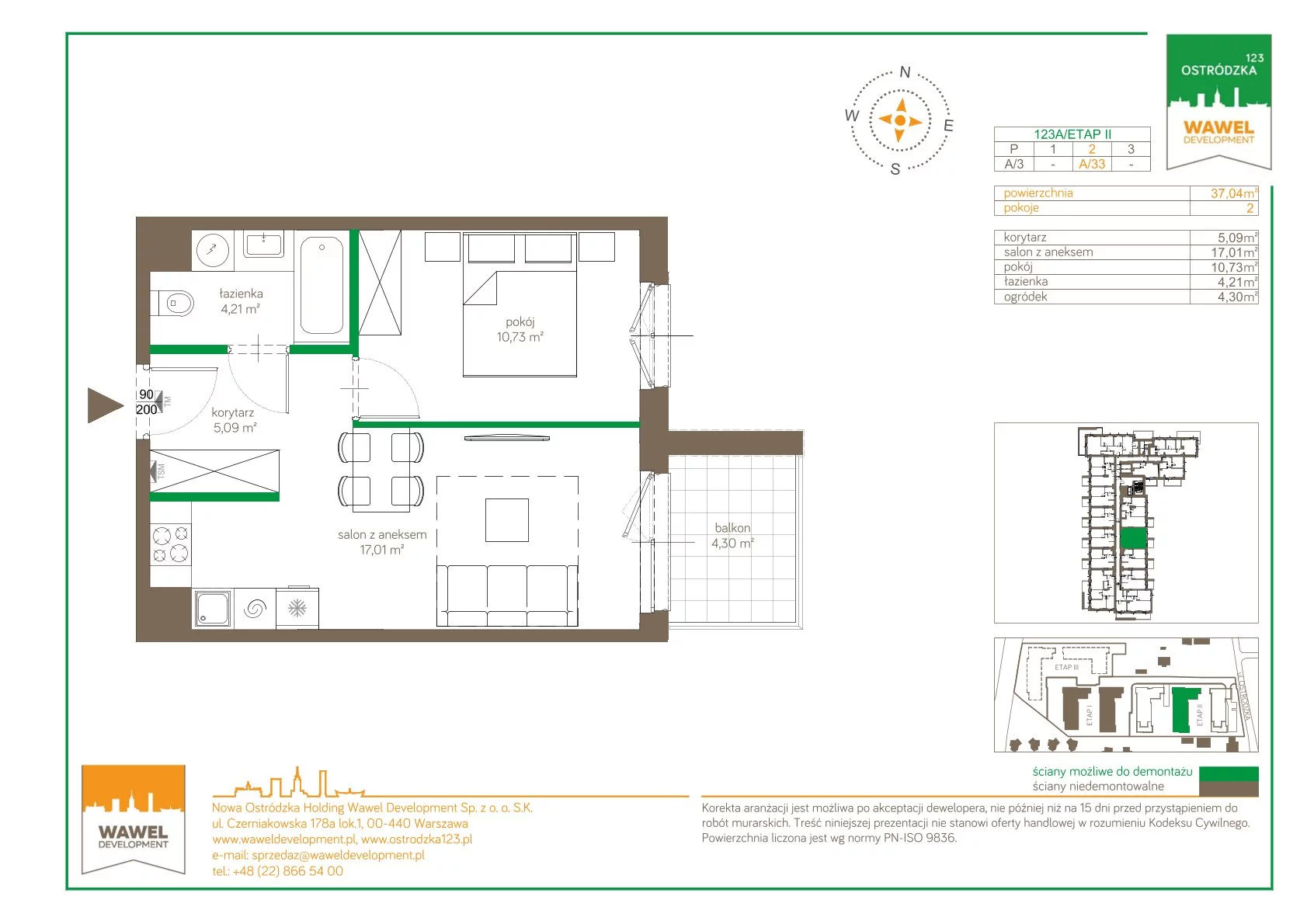 Mieszkanie 37,04 m², piętro 2, oferta nr 123 A/A-33, Ostródzka 123 - Etap II, Warszawa, Białołęka, Brzeziny, ul. Ostródzka 123