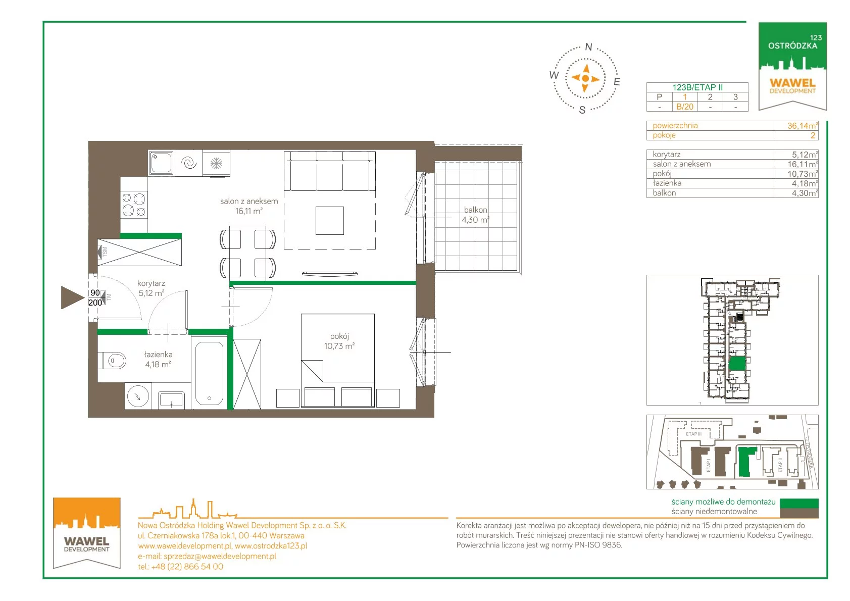 Mieszkanie 36,14 m², piętro 1, oferta nr 123 B/B-20, Ostródzka 123 - Etap II, Warszawa, Białołęka, Brzeziny, ul. Ostródzka 123