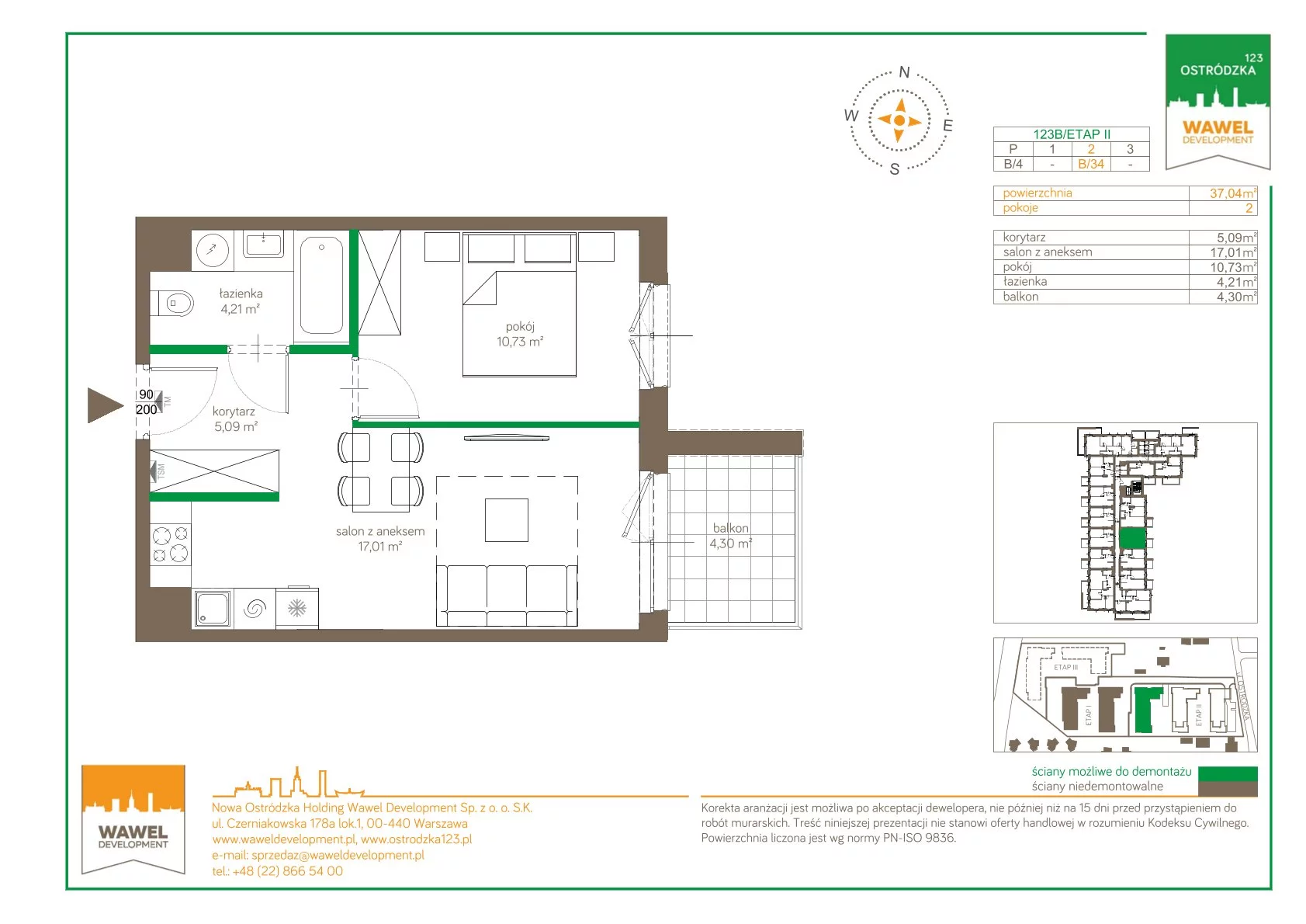 Mieszkanie 37,04 m², piętro 2, oferta nr 123 B/B-34, Ostródzka 123 - Etap II, Warszawa, Białołęka, Brzeziny, ul. Ostródzka 123