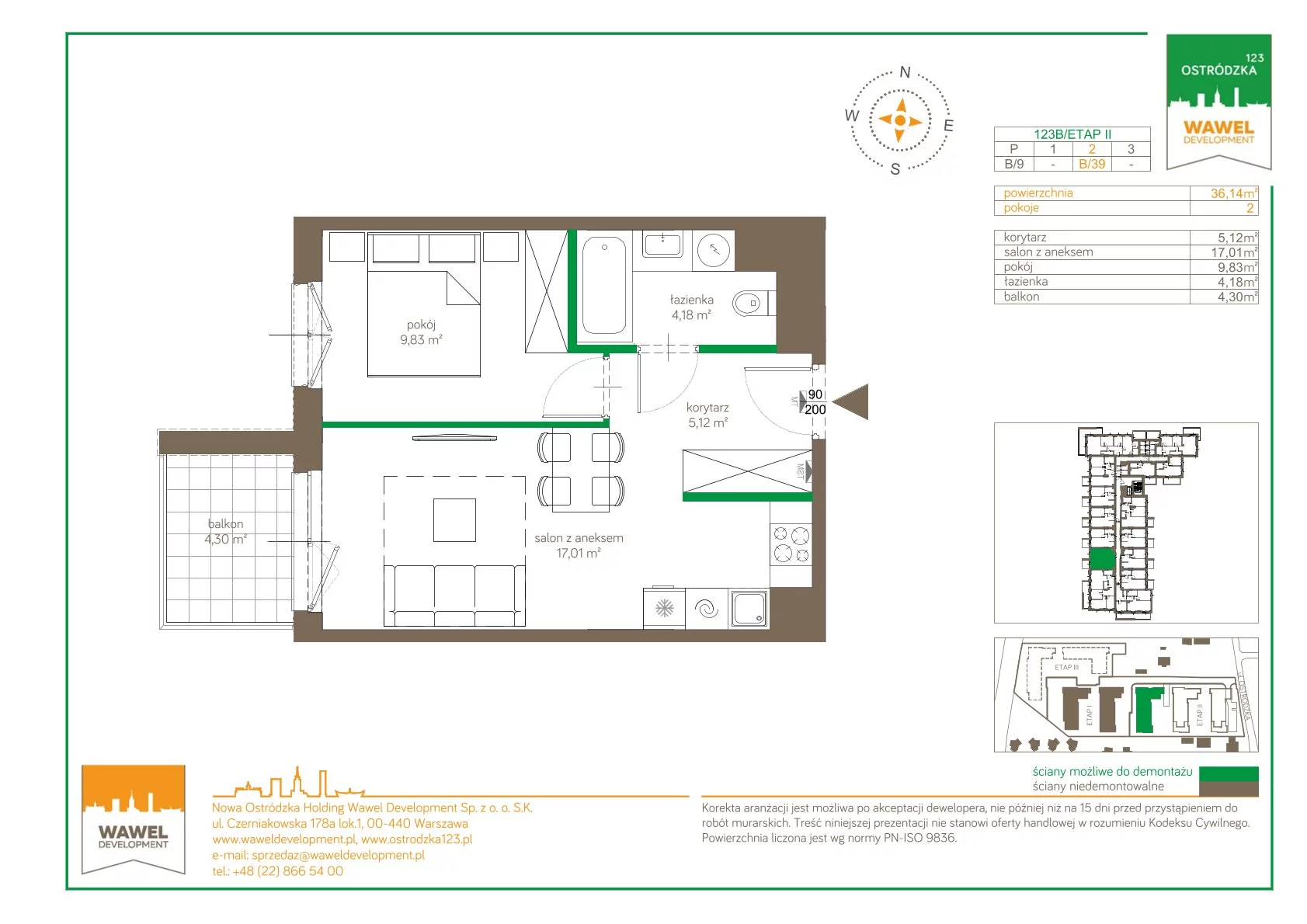 Mieszkanie 36,14 m², piętro 2, oferta nr 123 B/B-39, Ostródzka 123 - Etap II, Warszawa, Białołęka, Brzeziny, ul. Ostródzka 123