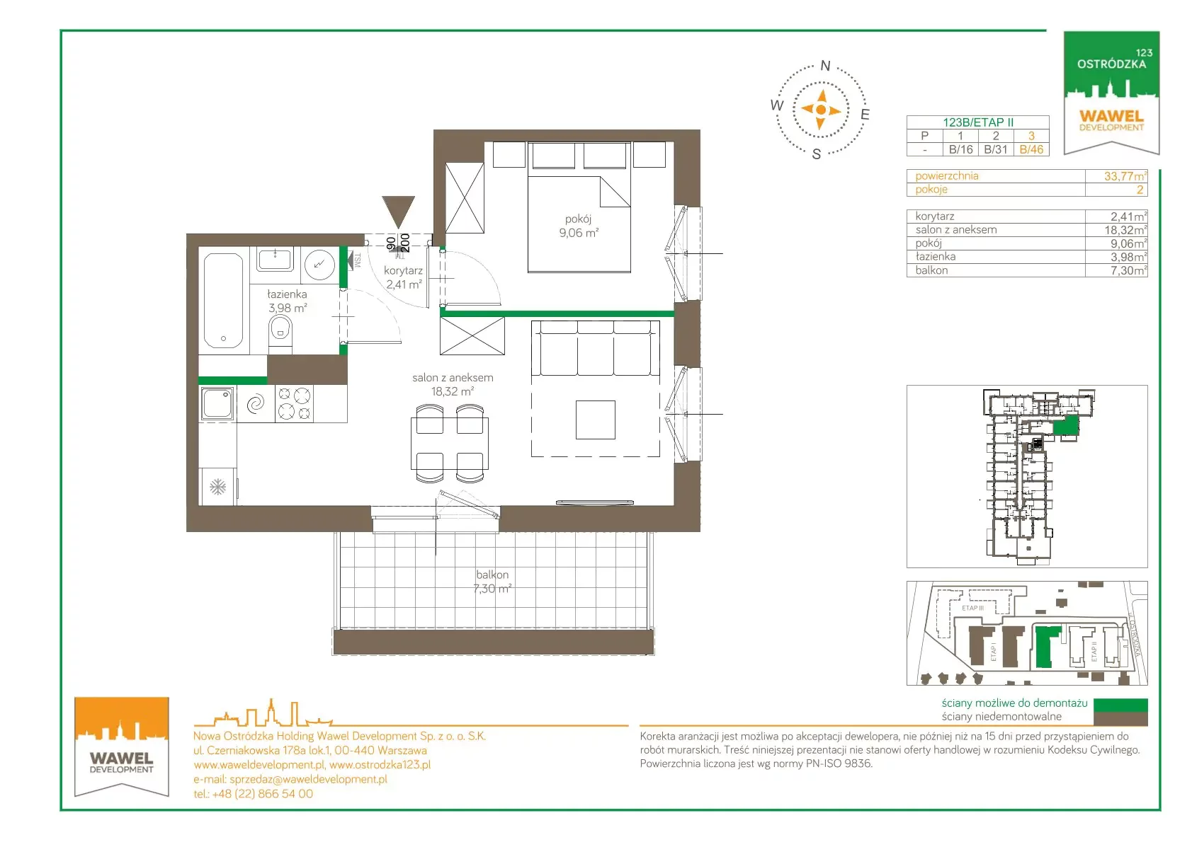 2 pokoje, mieszkanie 33,77 m², piętro 3, oferta nr 123 B/B-46, Ostródzka 123 - Etap II, Warszawa, Białołęka, Brzeziny, ul. Ostródzka 123