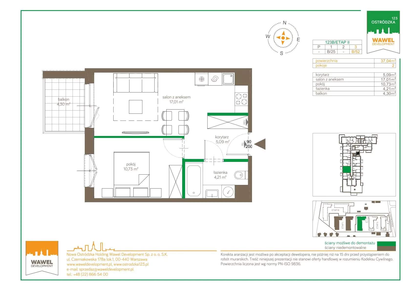 Mieszkanie 37,04 m², piętro 3, oferta nr 123 B/B-52, Ostródzka 123 - Etap II, Warszawa, Białołęka, Brzeziny, ul. Ostródzka 123