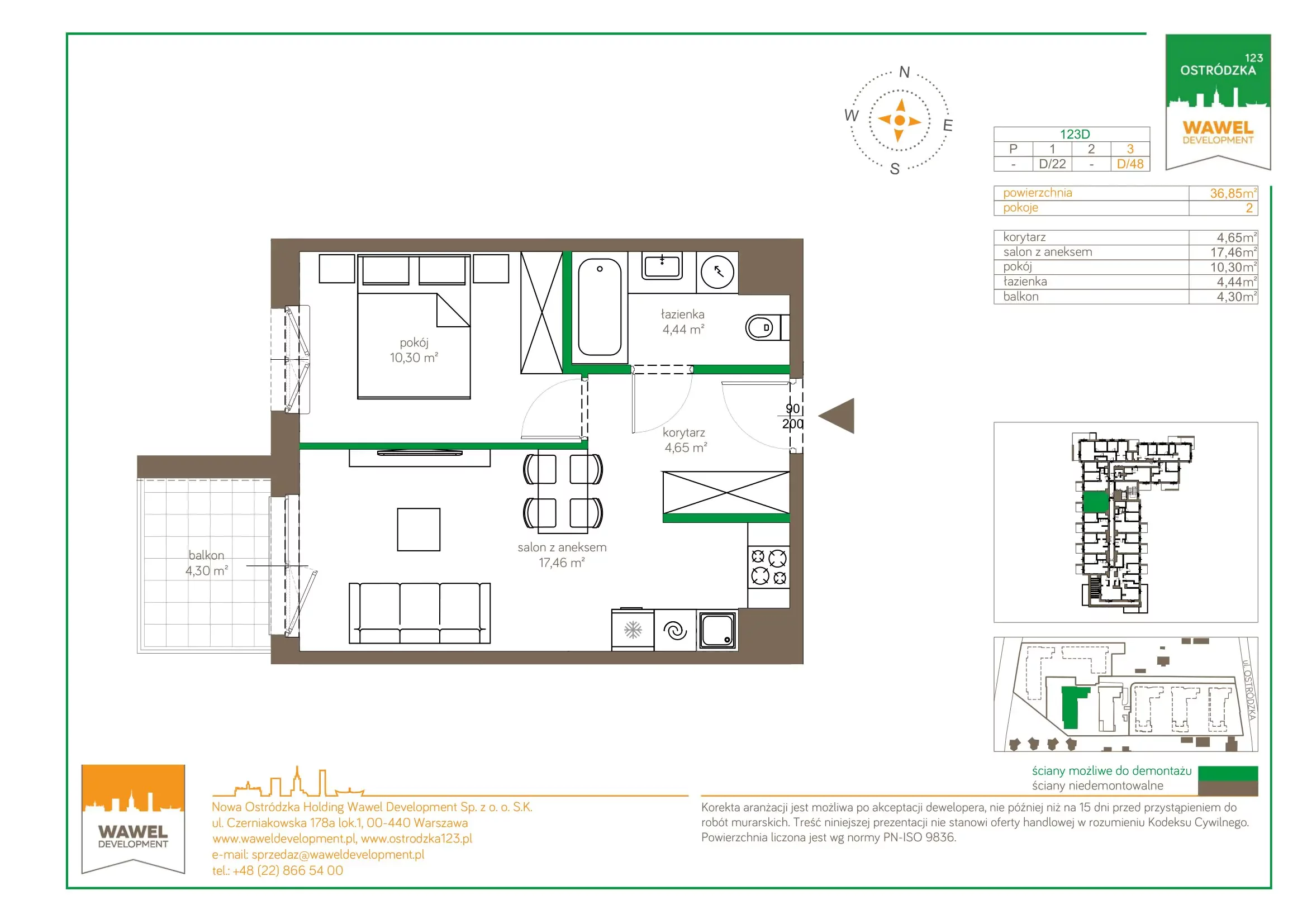 2 pokoje, mieszkanie 36,85 m², piętro 3, oferta nr 123 D/D-48, Ostródzka 123, Warszawa, Białołęka, Brzeziny, ul. Ostródzka 123